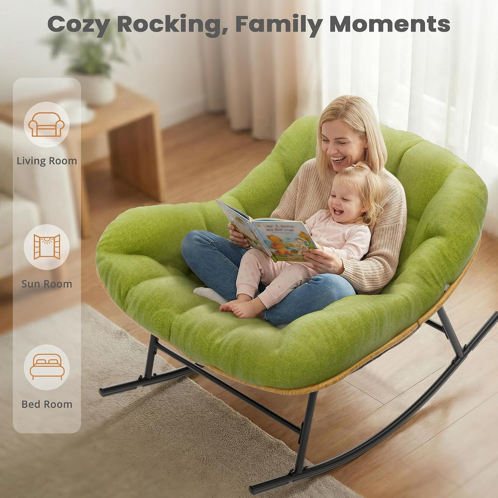 Easyego Oversized Papasan Rocking Chair Indoor Outdoor Use, Comfortable Wicker Rocker with Cozy Thicken Cushion for Deck, Balcony, Poolside, Lawn, Bedroom, Living Room, Green