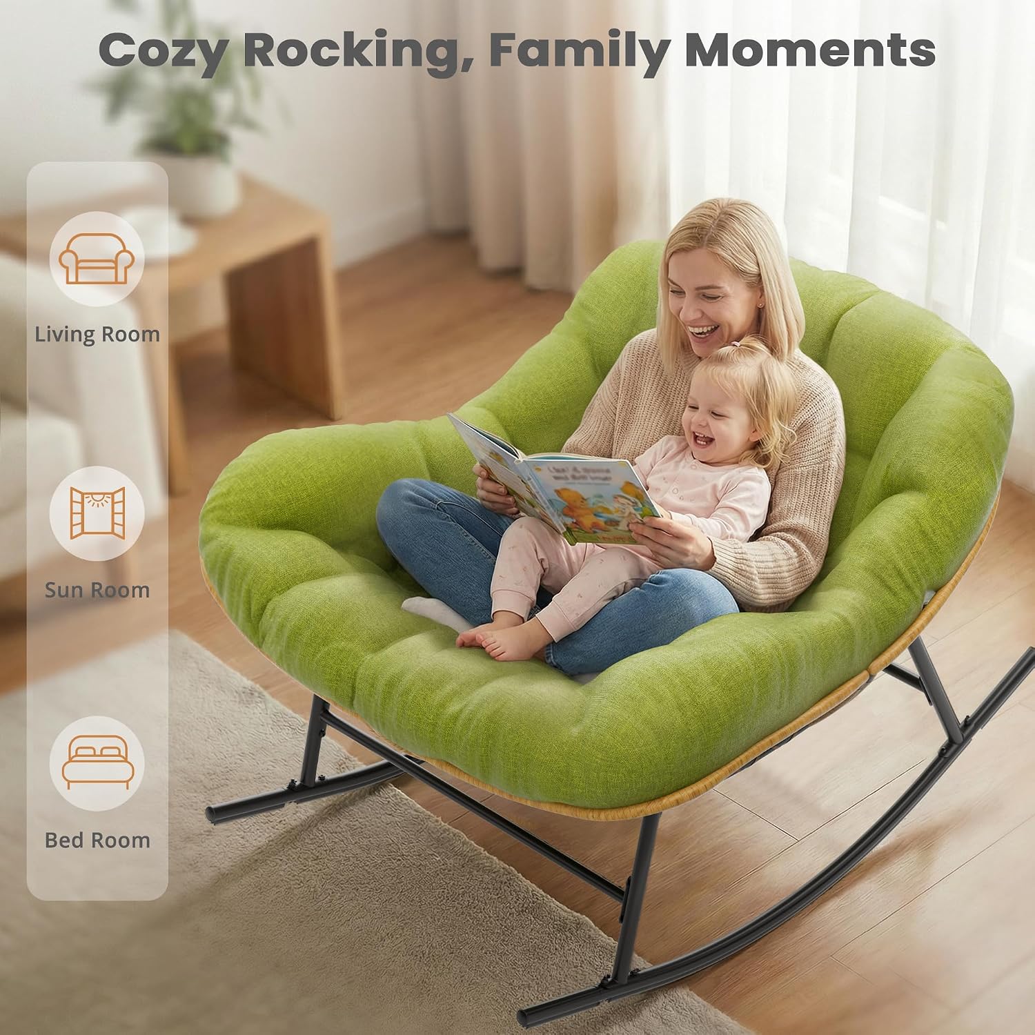 Easyego Oversized Papasan Rocking Chair Indoor Outdoor Use, Comfortable Wicker Rocker with Cozy Thicken Cushion for Deck, Balcony, Poolside, Lawn, Bedroom, Living Room, Green