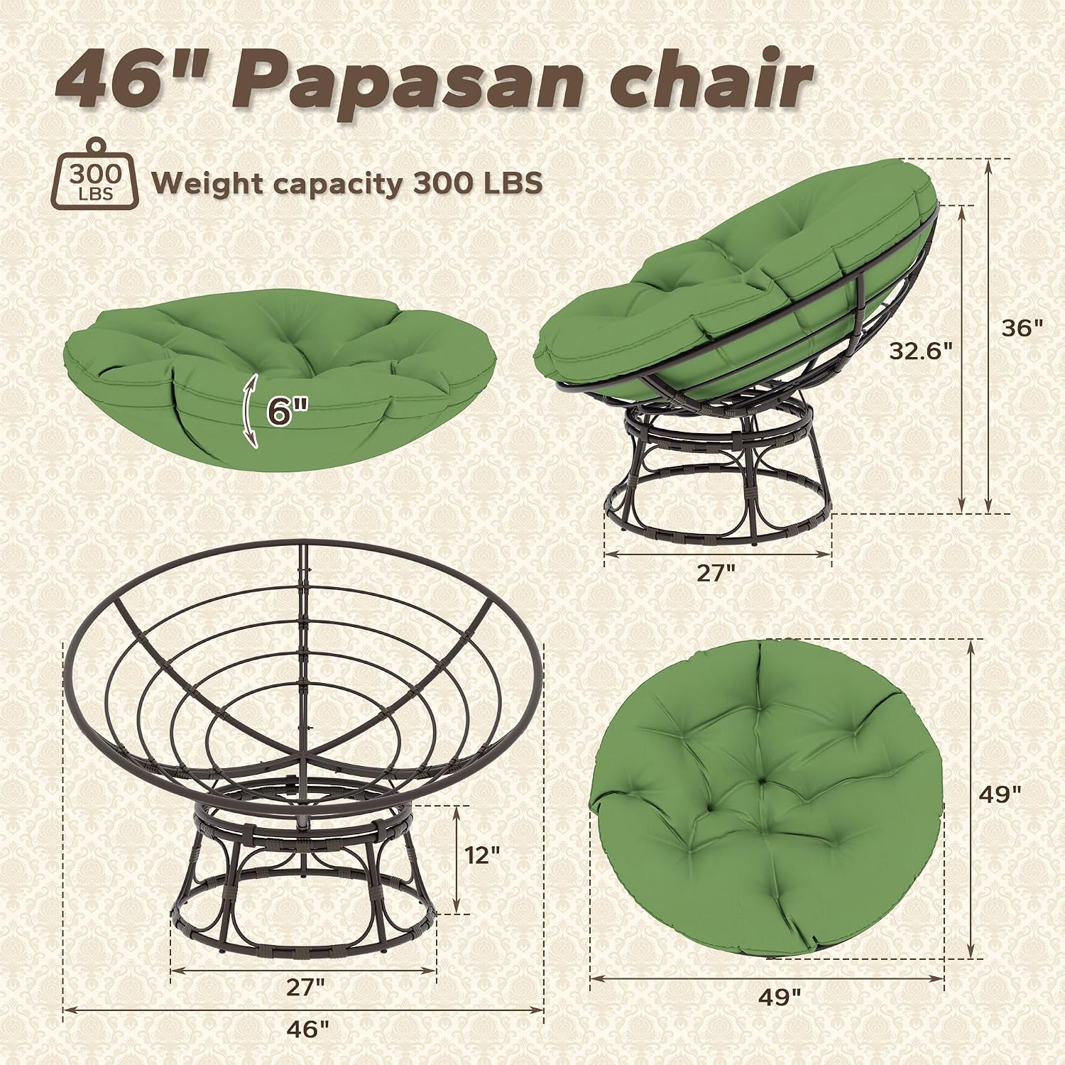 46'' Large Size Papasan Chair (Non-Swivel) with Cushion and Frame, Lazy Chair for Living Room and Bedroom, Green