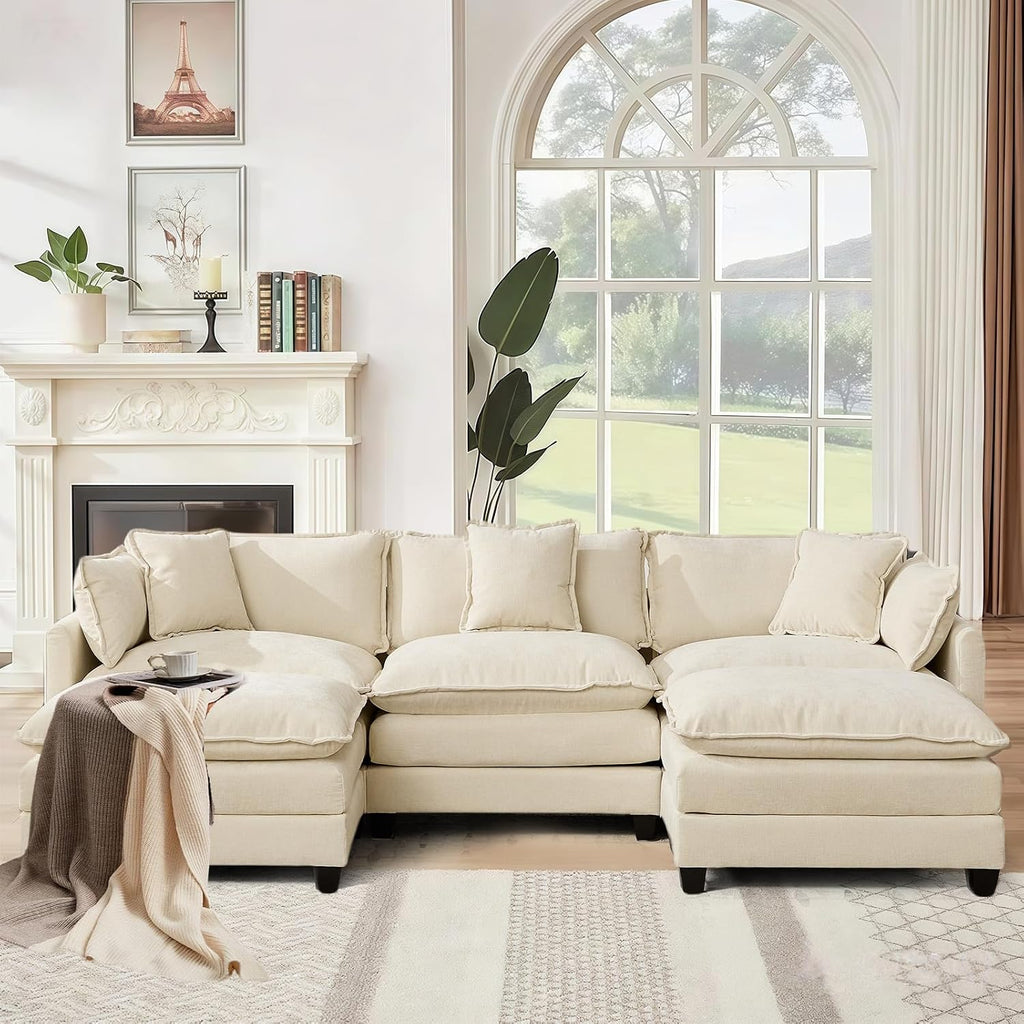 SoarFlash 113.78' Chenille Sectional Sofa, Comfy U Shaped Modular Coush Sofa with Ottoman, Modern 4 Seat Couch Deep Seat Sofa Set for Living Room,Beige