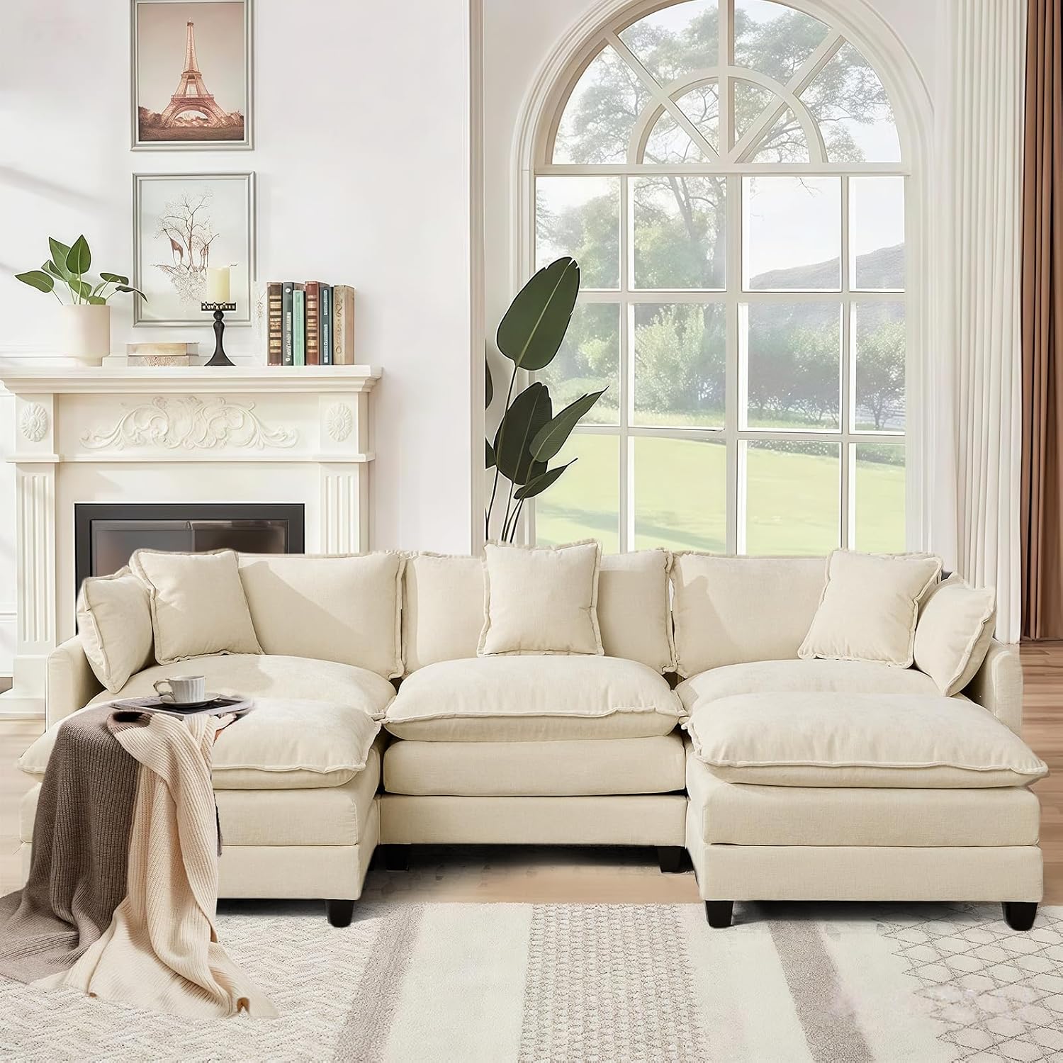 SoarFlash 113.78' Chenille Sectional Sofa, Comfy U Shaped Modular Coush Sofa with Ottoman, Modern 4 Seat Couch Deep Seat Sofa Set for Living Room,Beige