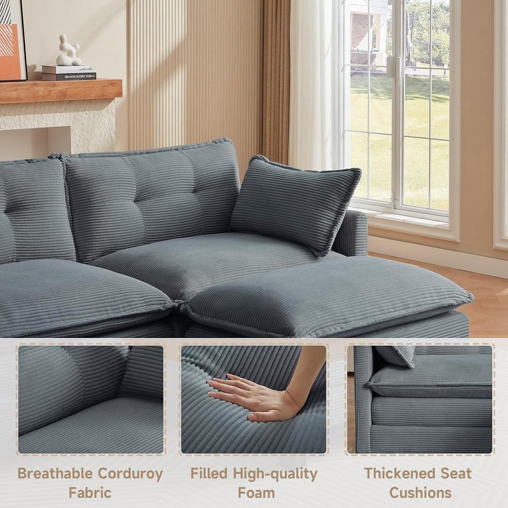 Amsleekey Modular Sectional Sofa, 111.5' U-Shaped Corduroy Comfy Sectional Couches for Living Room, 3-Seater Cloud Couches with 2 Movable Ottomans, Flexible Combination Modern Deep Seat Sofa (Grey)