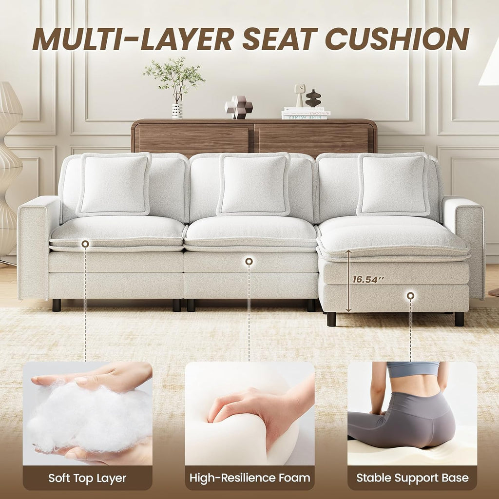 MALOL Modular Sectional Sofa 107', Comfy Cloud Couch with Ottoman, Deep 4-Seat L Shaped Modular Sofa, Couches with Throw Pillows for Living Room, Beige