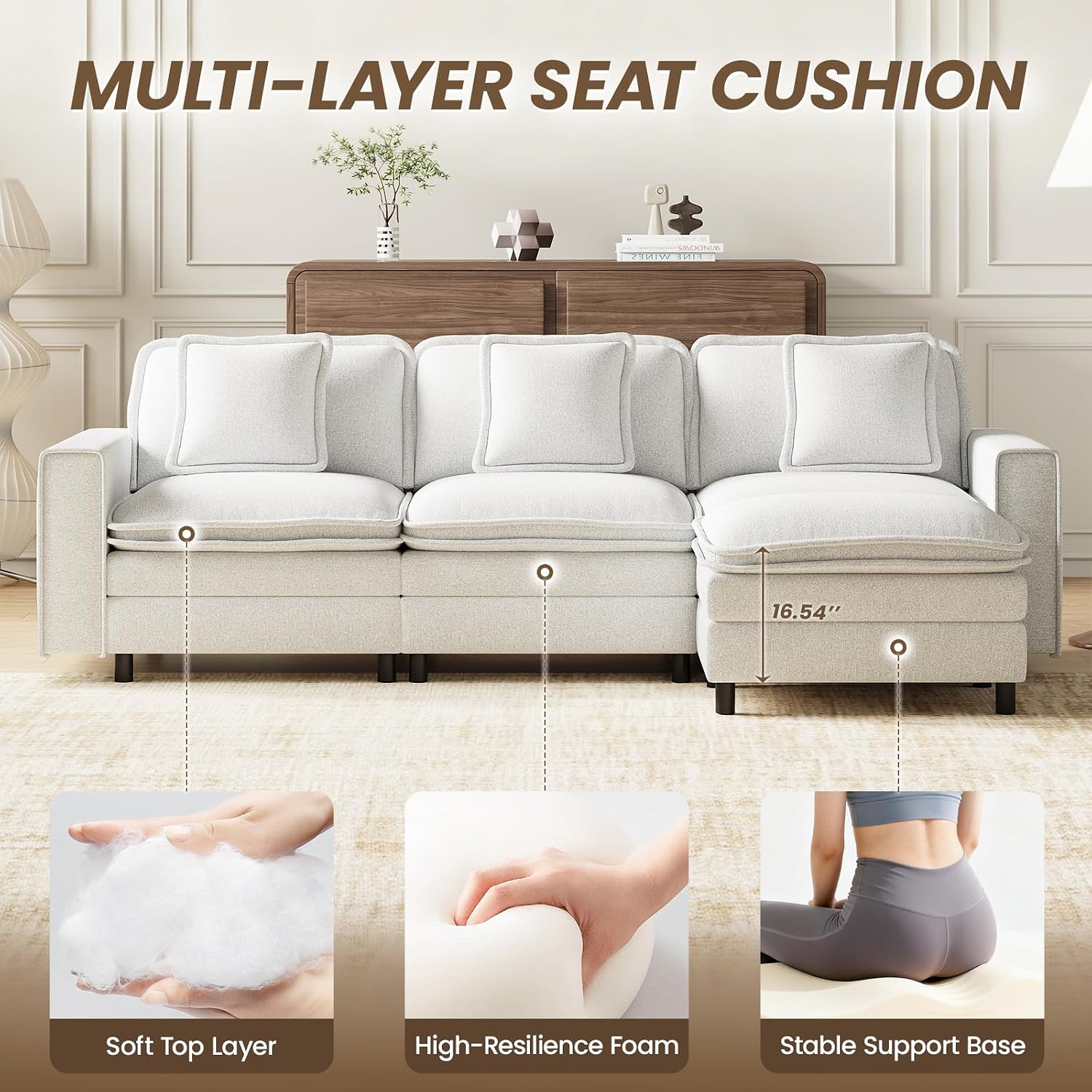MALOL Modular Sectional Sofa 107', Comfy Cloud Couch with Ottoman, Deep 4-Seat L Shaped Modular Sofa, Couches with Throw Pillows for Living Room, Beige