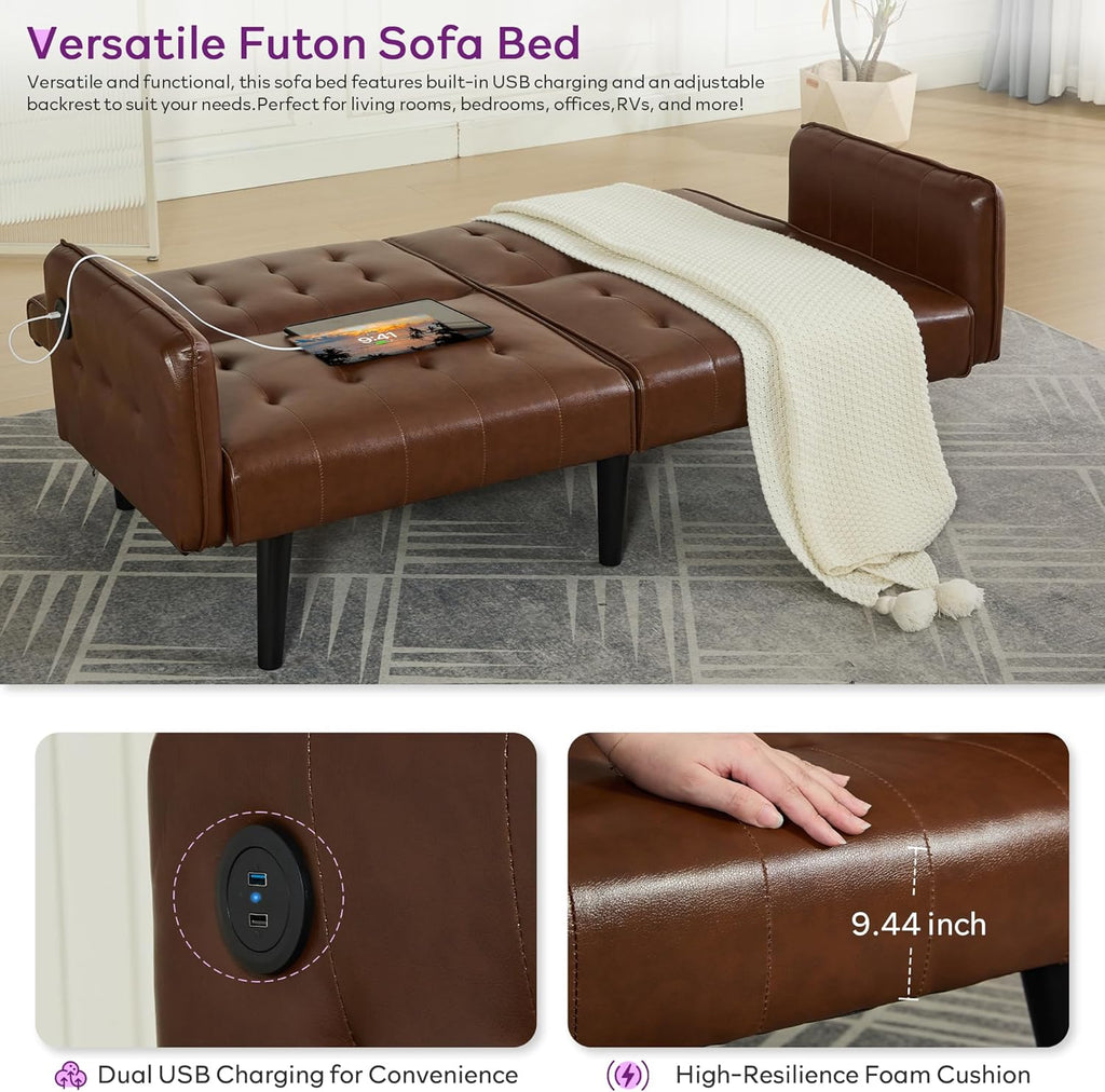 TYBOATLE 65' Convertible Futon Sofa Bed w/ 2 USB,Tufted Small Adjustable Folding Couch Loveseat, Modern Mid Century Faux Leather Sleeper Sofa for Living Room, Bedroom,Office, Brown