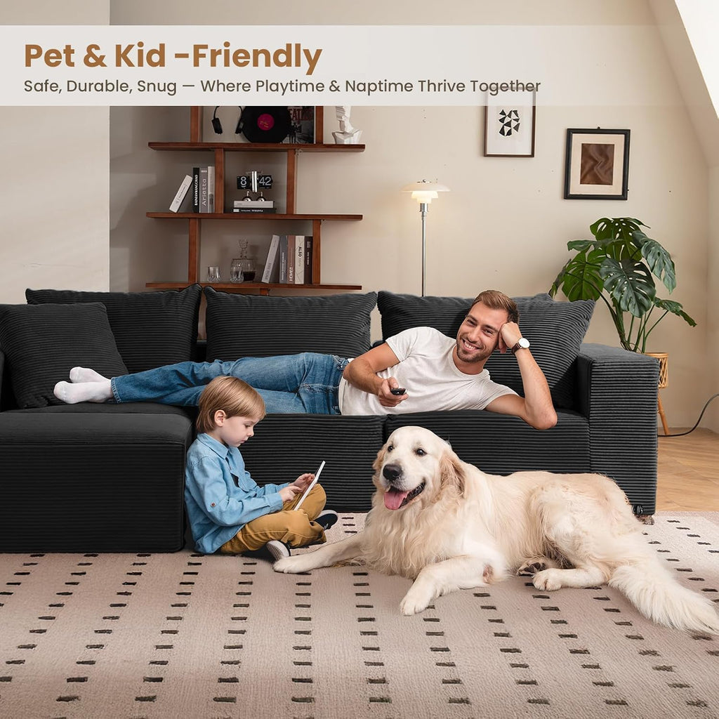 108' L-Shaped Boneless Couch, Modular Sectional Sofa with Moveable Ottoman, Corduroy Cloud Couches for Living Room, No Assembly, Ship in a Box, Black