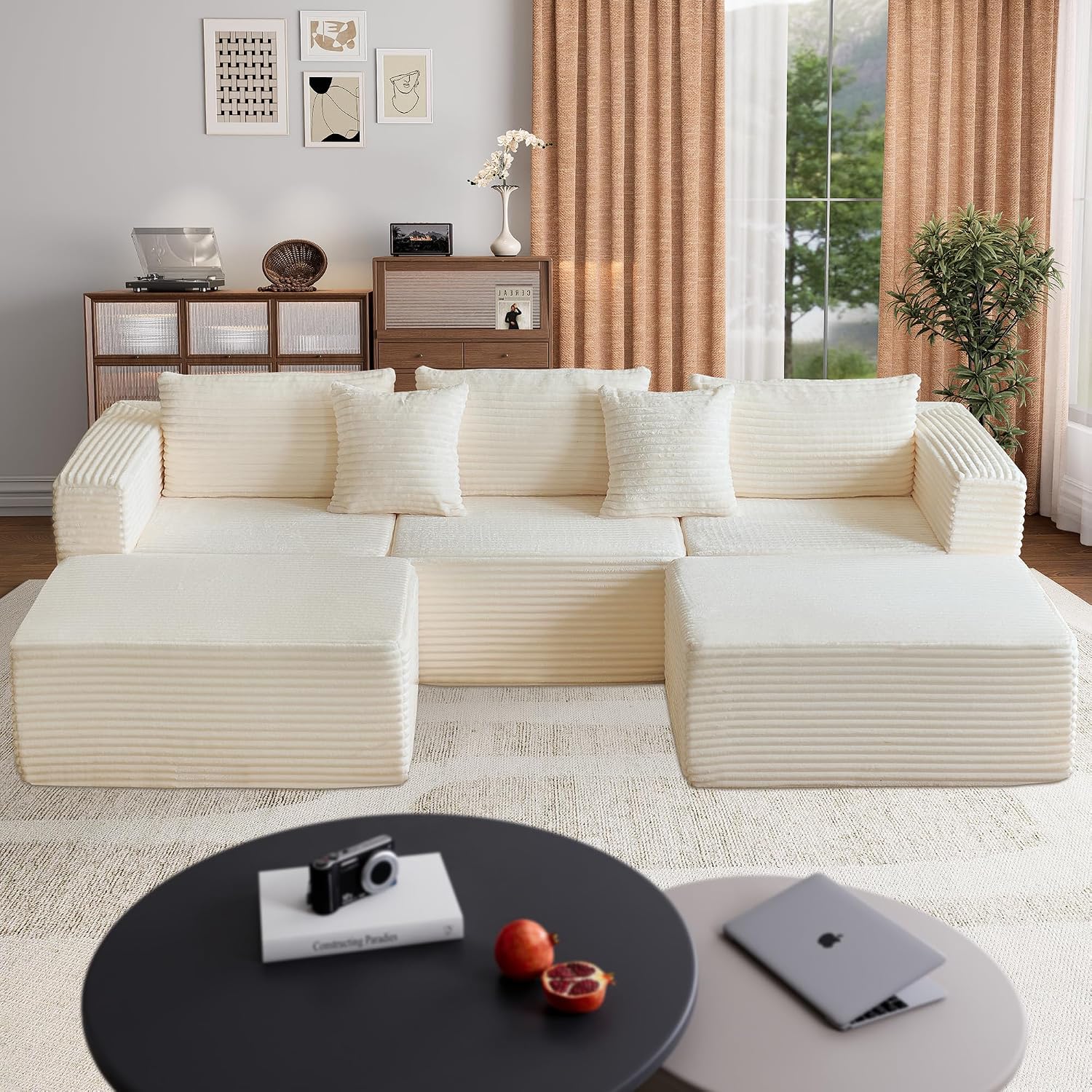 110 Corduroy Boneless Couch for Living Room with 2 Ottomans, Convertible Modular Cloud Sofa with Deep Seats, Ergonomic Memory Foam U Shaped Sectional Couch, No Assembly Required (Beige)
