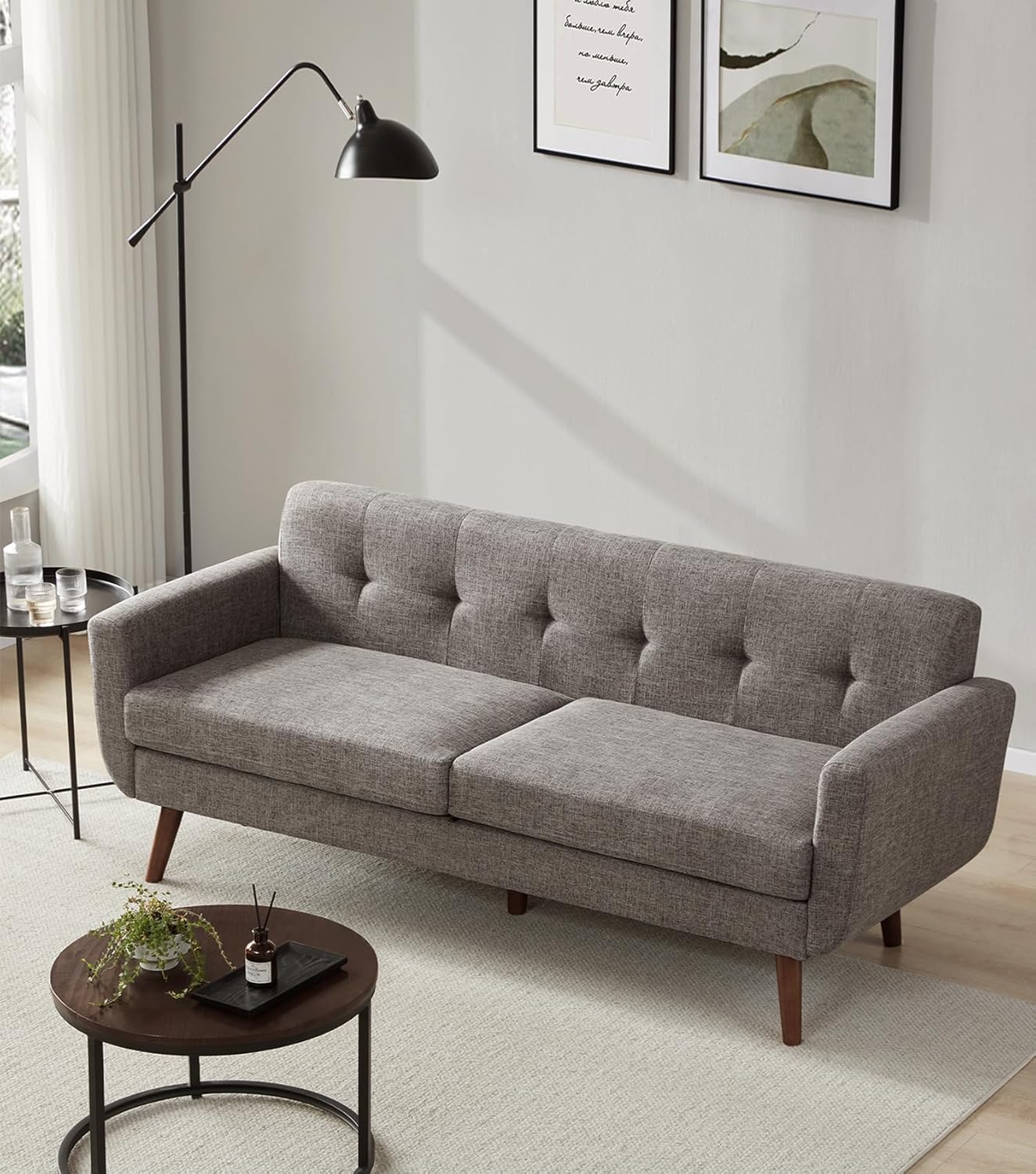 Tbfit 77.2' W Linen Sofa Couch, Mid Century Modern Decor Loveseat Couches for Living Room, Button Tufted Upholstered Small Couch for Bedroom, Solid, and Easy to Install Love Seats Furniture, Grey