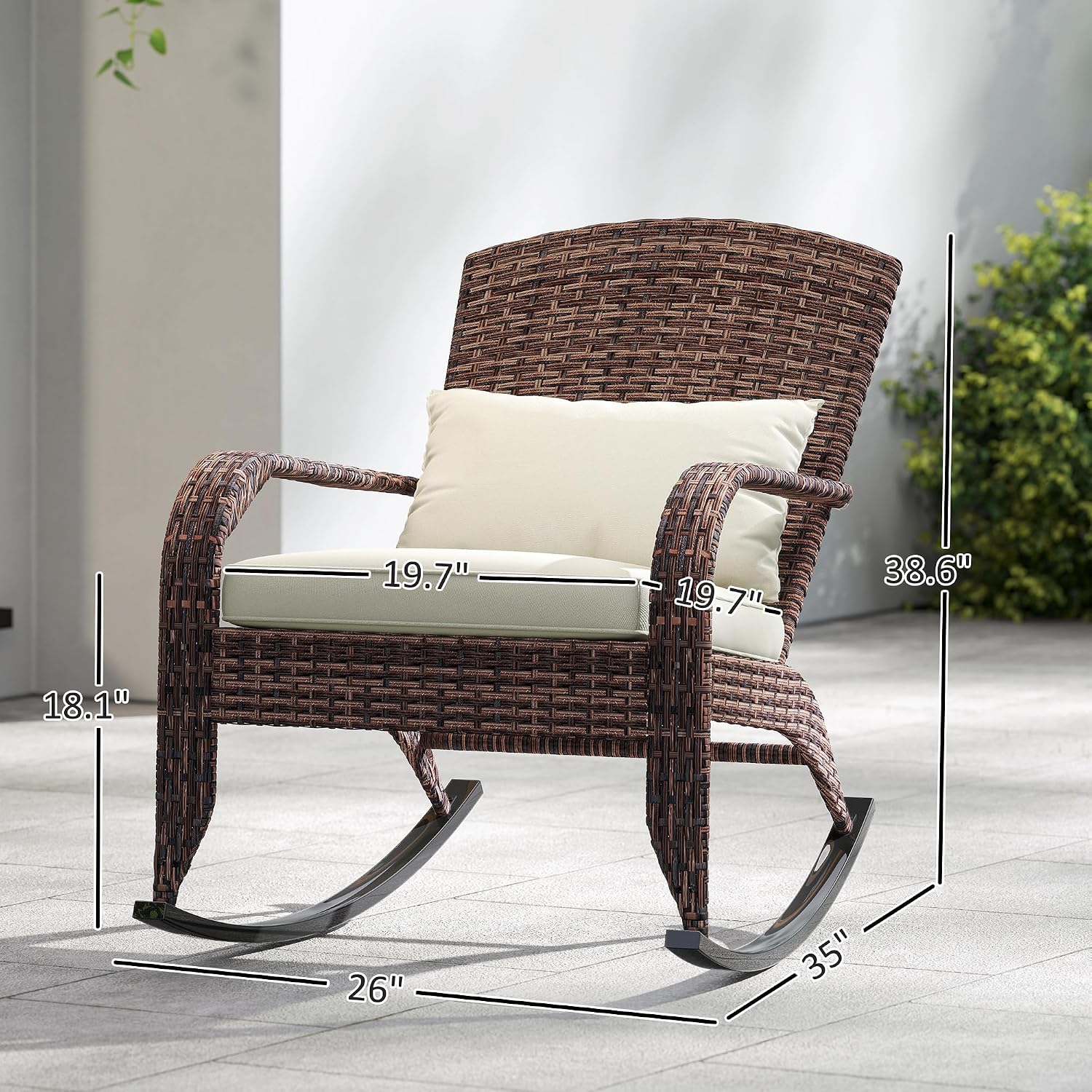 Outsunny Outdoor Wicker Adirondack Rocking Chair, Patio Rattan Rocker Chair with High Back, Seat Cushion, and Pillow for Garden, Porch, Balcony, Cream White