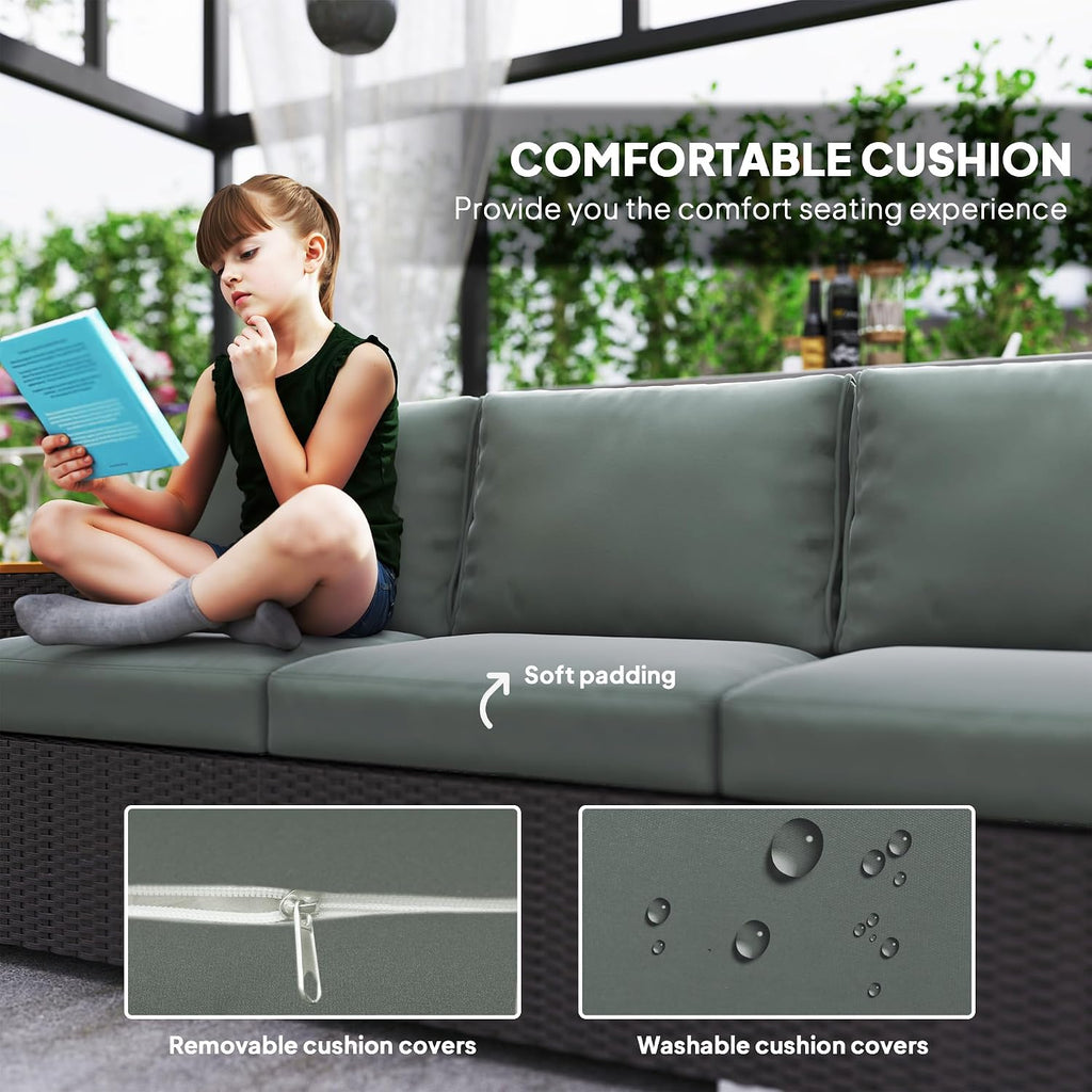 Outsunny 3-Seat Outdoor Patio Sofa with 24.5' Extra Wide Deep Seats, PE Wicker Sofa with Wide Wood Effect Armrests and 4' Cushions, Rattan Outdoor Couch for Porch, Garden, Poolside, Dark Gray