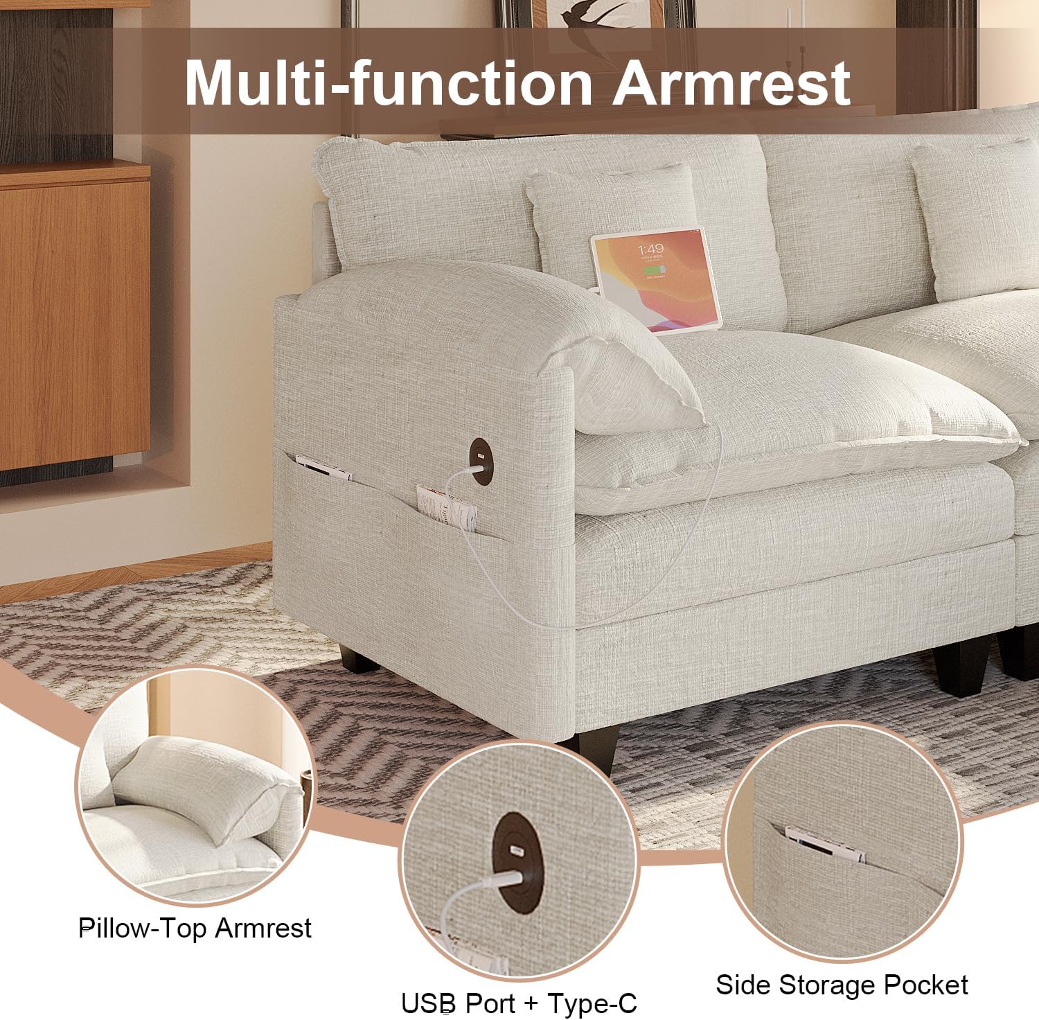 KCGKCG Modular Sectional Sofa, 108' Comfy Cloud Couch with Movable Ottoman | Charging Station | Side Pocket | Throw Pillow, Modern L-Shaped Couches for Living Room, Chenille, White