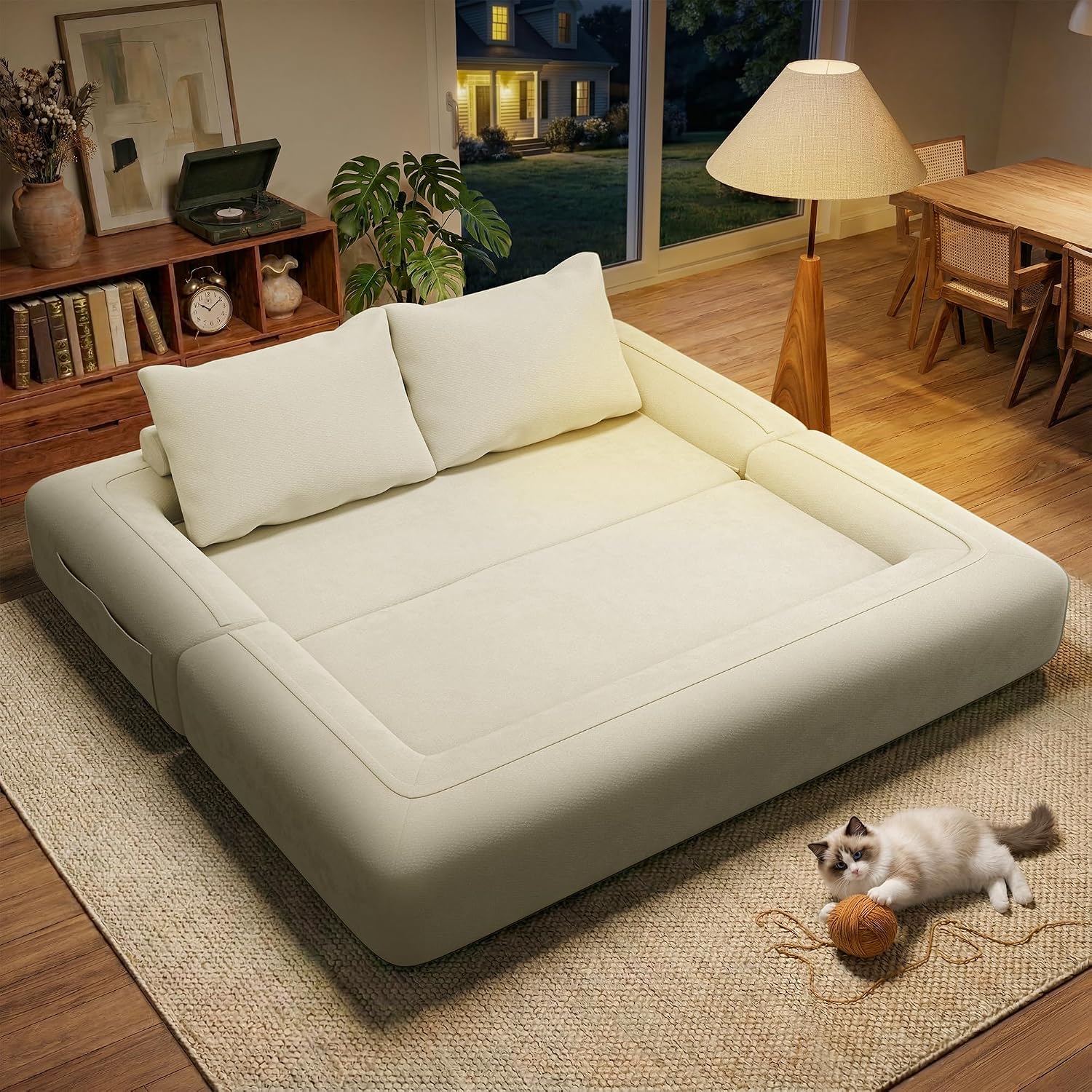 75'' Folding Convertible Sofa Bed with Large Pillow, 4-in-1 Foldable Pull Out Futon Sofa Bed, Chenille Boneless Mattress Couch, No Assembly Floor Sleeper Sofa Bed for Living Room/Bedroom, Beige