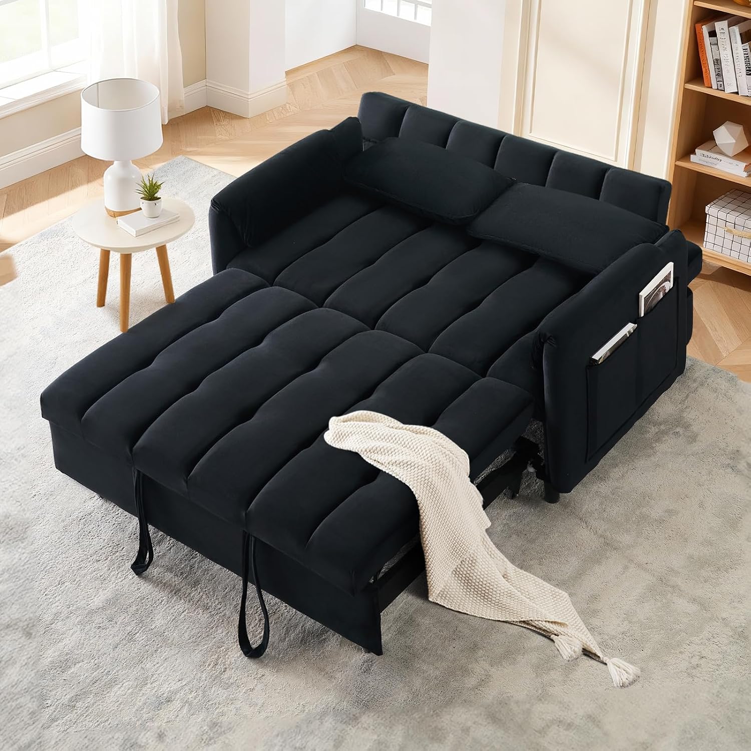 CAPCAEK 3 in 1 Convertible Sleeper Sofa Bed, Modern Velvet Loveseat Pull-Out Couch w/Pullout Bed, Small Love Seat Lounge Sofa w/Reclining Backrest,Toss Pillows, Pockets, for Living Room