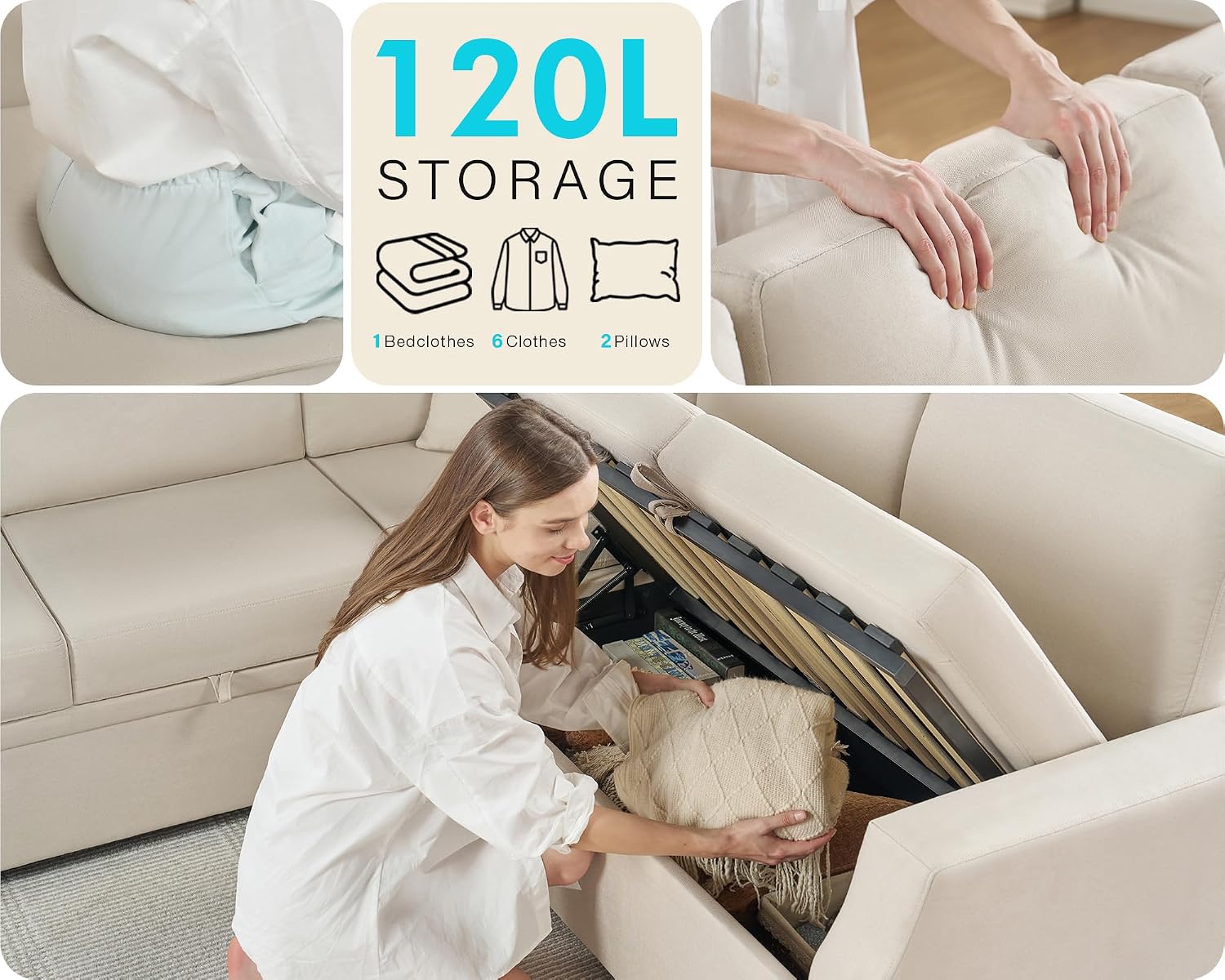 AMERLIFE 85 Inch Sofa Bed, Oversized L Shape Couch with Pull Out Bed & Storage Seat, Oversized Reversible Sleeper Sofa for Living Room Apartment, Beige Linen Couch