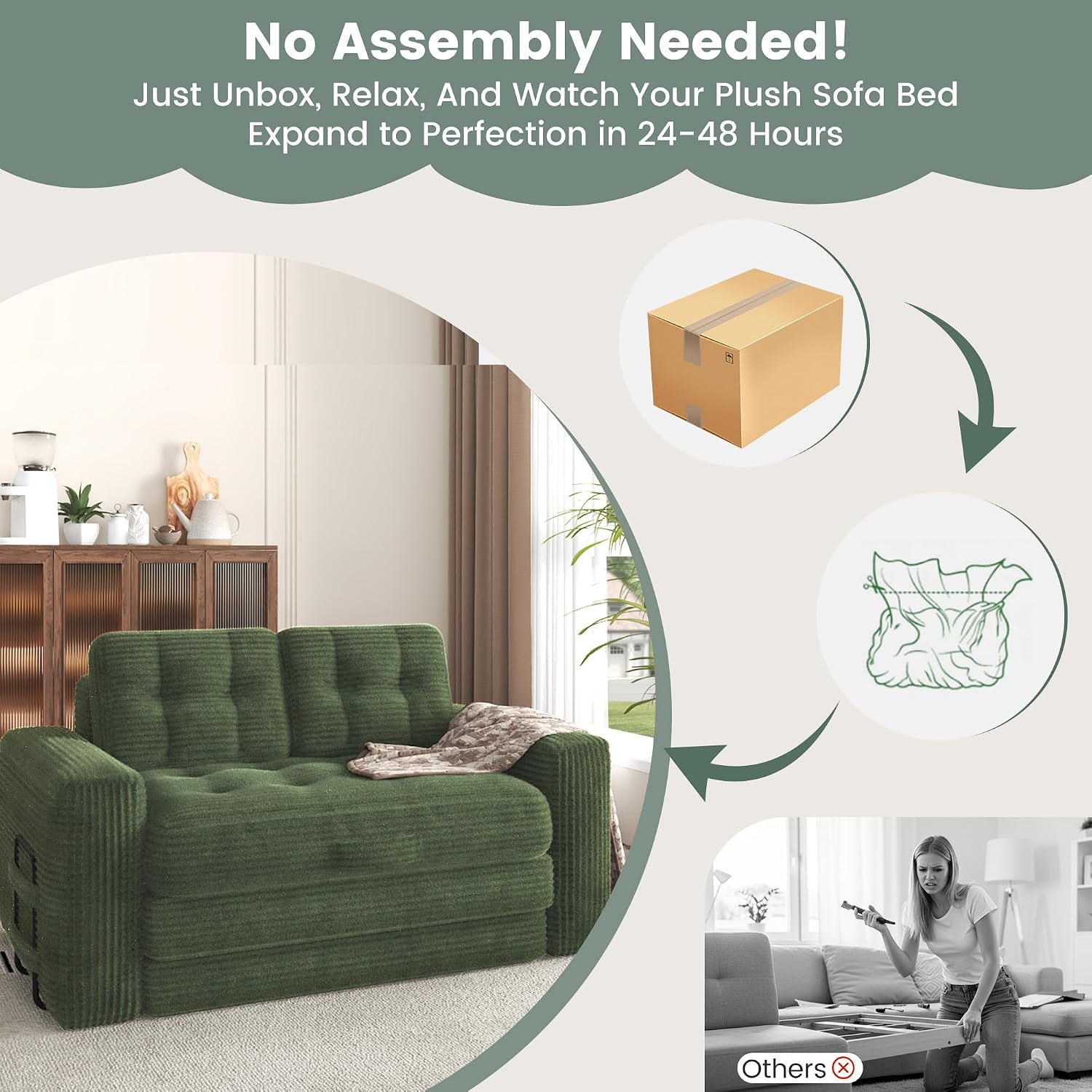 Convertible Sofa Bed, 2 in 1 Boneless Couch Bed with 2 Pillows, Corduroy Pull out Couch Folding Sofa Bed with Deep Seat, Small Loveseat Sleeper Sofa Bed in a Box for Small Spaces, No Assembly, Green