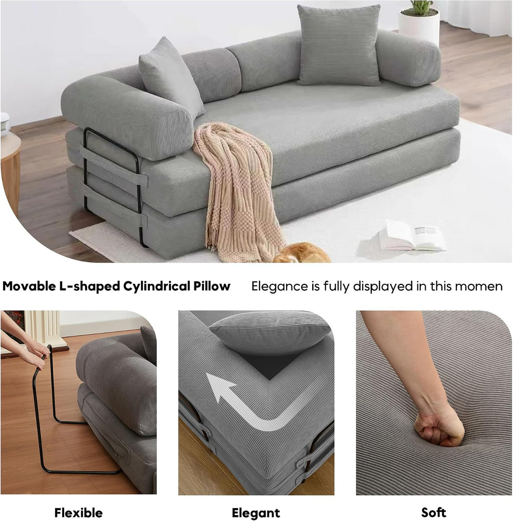 ZEIINPA Convertible Sleeper Sofa Bed with Cylindrical Pillow, Corduroy Folding Mattress Couch with Fixed-Shape Frame, Floor Sofa Lounge Couch for Living Room Bedroom Lounge Studio-Grey