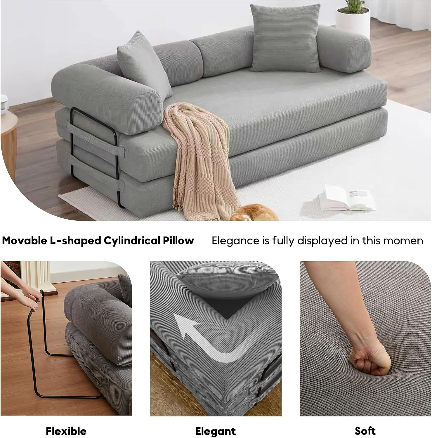 ZEIINPA Convertible Sleeper Sofa Bed with Cylindrical Pillow, Corduroy Folding Mattress Couch with Fixed-Shape Frame, Floor Sofa Lounge Couch for Living Room Bedroom Lounge Studio-Grey