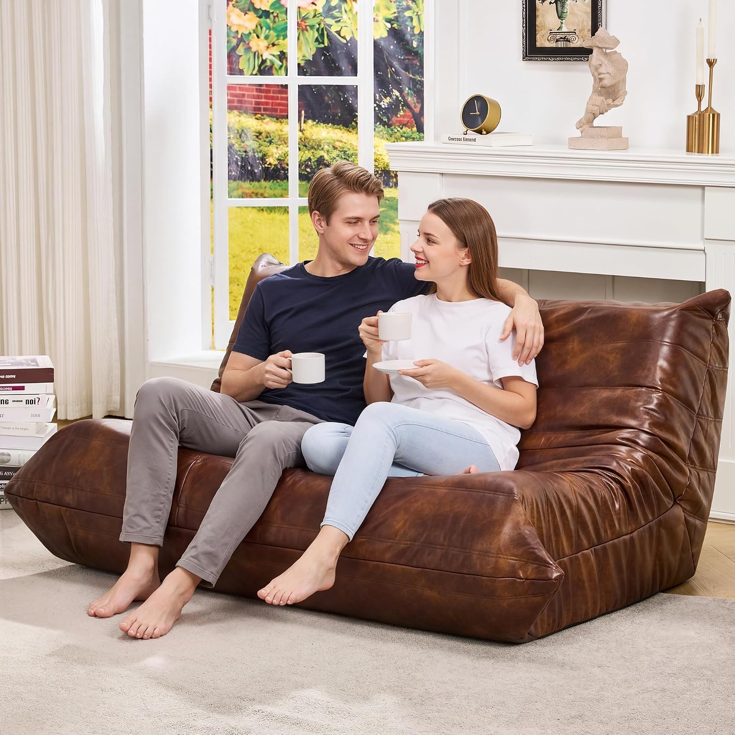 Hobestluk Bean Bag Chair Giant Bean Bag Sofa 2 Seater Bean Bag Chairs for Adults, Loveseat Floor Chair, Leather Bean Bag Chairs for Living Room Bedroom Dorm (Brown, Loveseat)