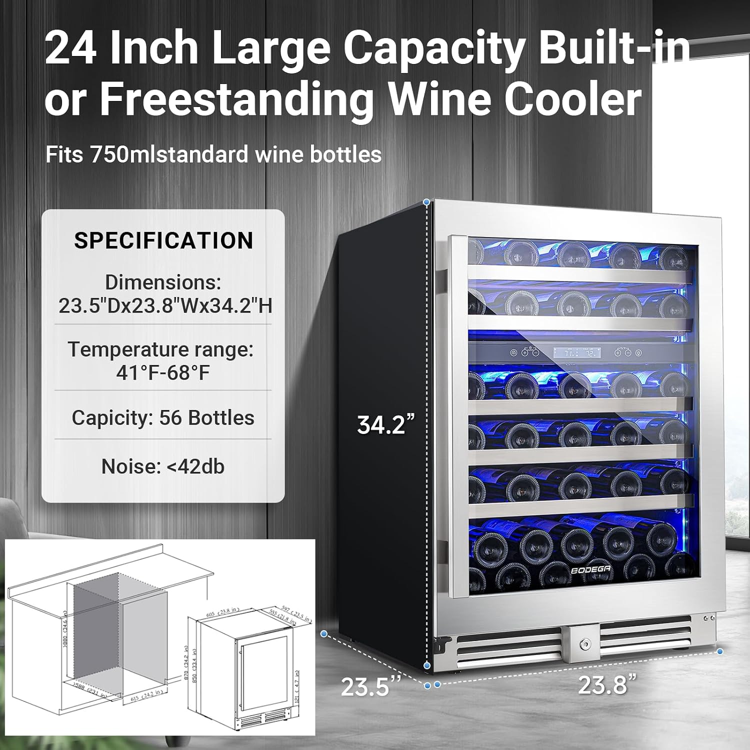BODEGA 56 Bottle Wine Cooler, 24 Inch Dual Zone Wine Fridge with Double-Layer Glass Door, Wine Cooler Refrigerator with Digital Temperature Control and Temperature Memory, Wine Cooler for Home