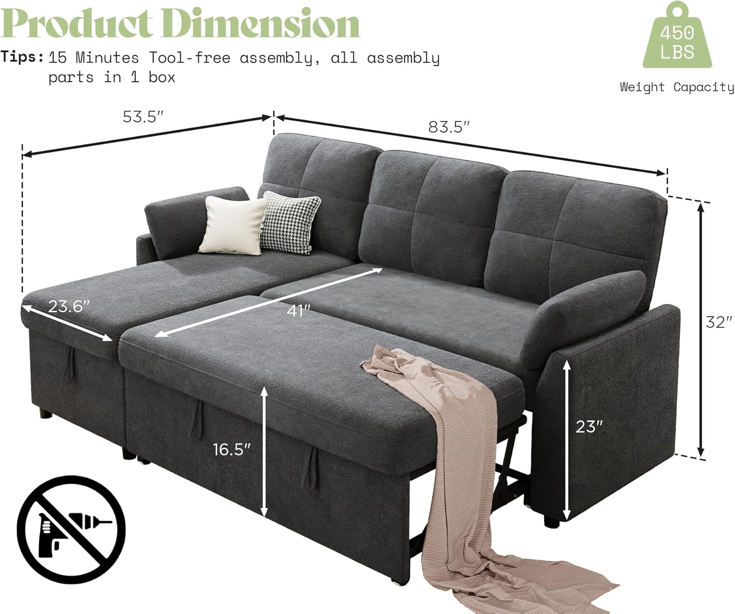 AMEILIFE Sofa Bed, Sleeper Sofa with Storage Chaise, Convertible Sofa Bed with Pull Out Couch, l Shaped Couch for Living Room-Gray Linen