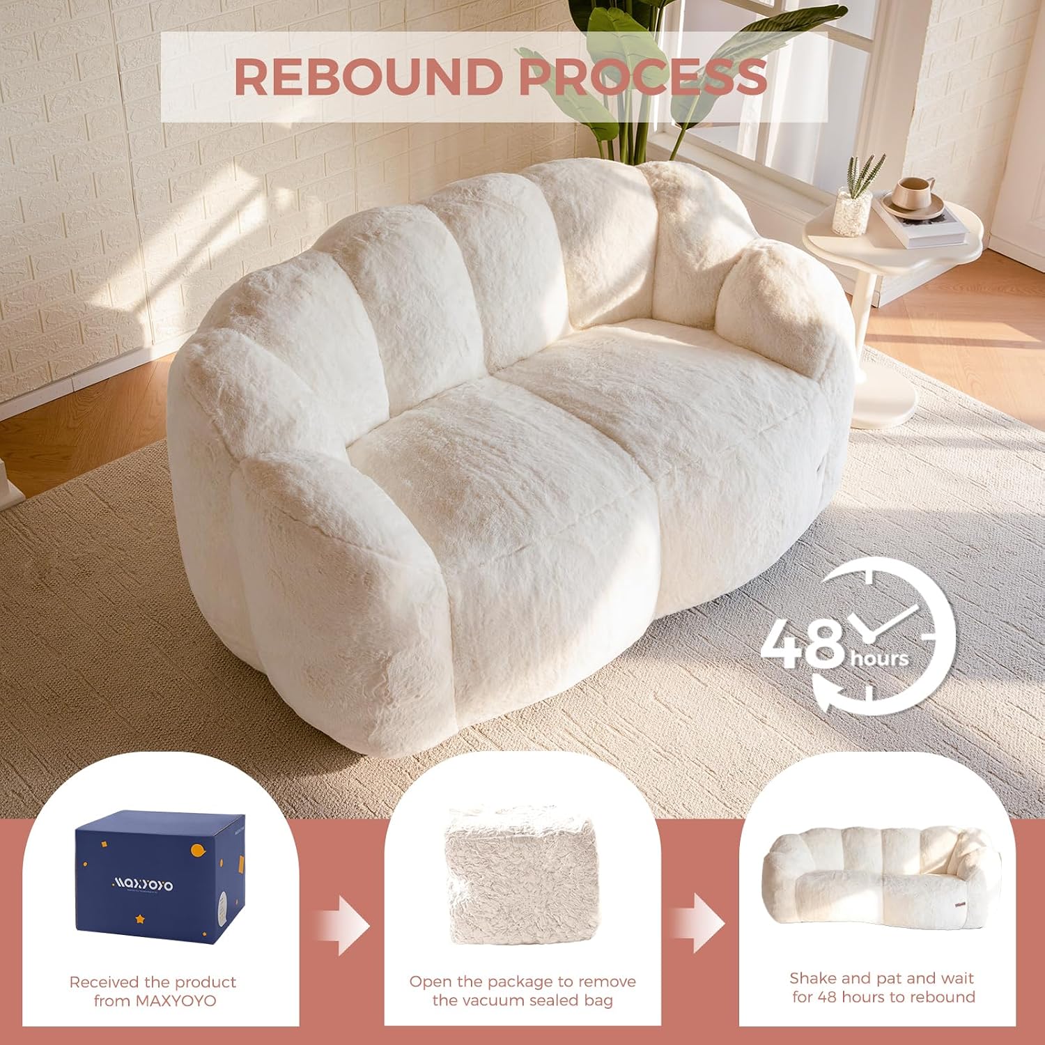 MAXYOYO Bean Bag Chair for Adults, Loveseat Floral Shaped Bean Bag Sofa, Ultra Soft Love Seat Mini Sofa Couch, Faux Fur Reading Chair for Living Room Bedroom, Beige