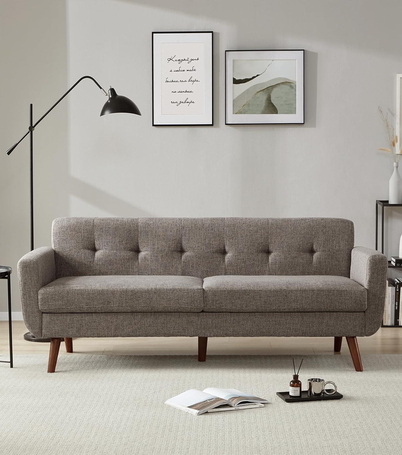 Tbfit 77.2' W Linen Sofa Couch, Mid Century Modern Decor Loveseat Couches for Living Room, Button Tufted Upholstered Small Couch for Bedroom, Solid, and Easy to Install Love Seats Furniture, Grey