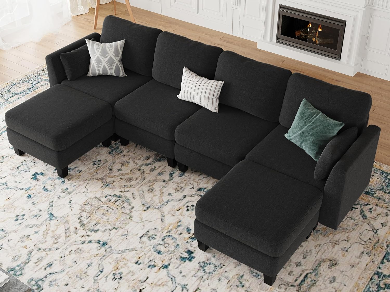 Modular Sectional Sofa, 6 Seaters Modular Sleeper Sofa Couch, Comfy Sectionals Couches Bed, Convertible Sofas with Ottomans, Sectional Couches for Living Room, Black