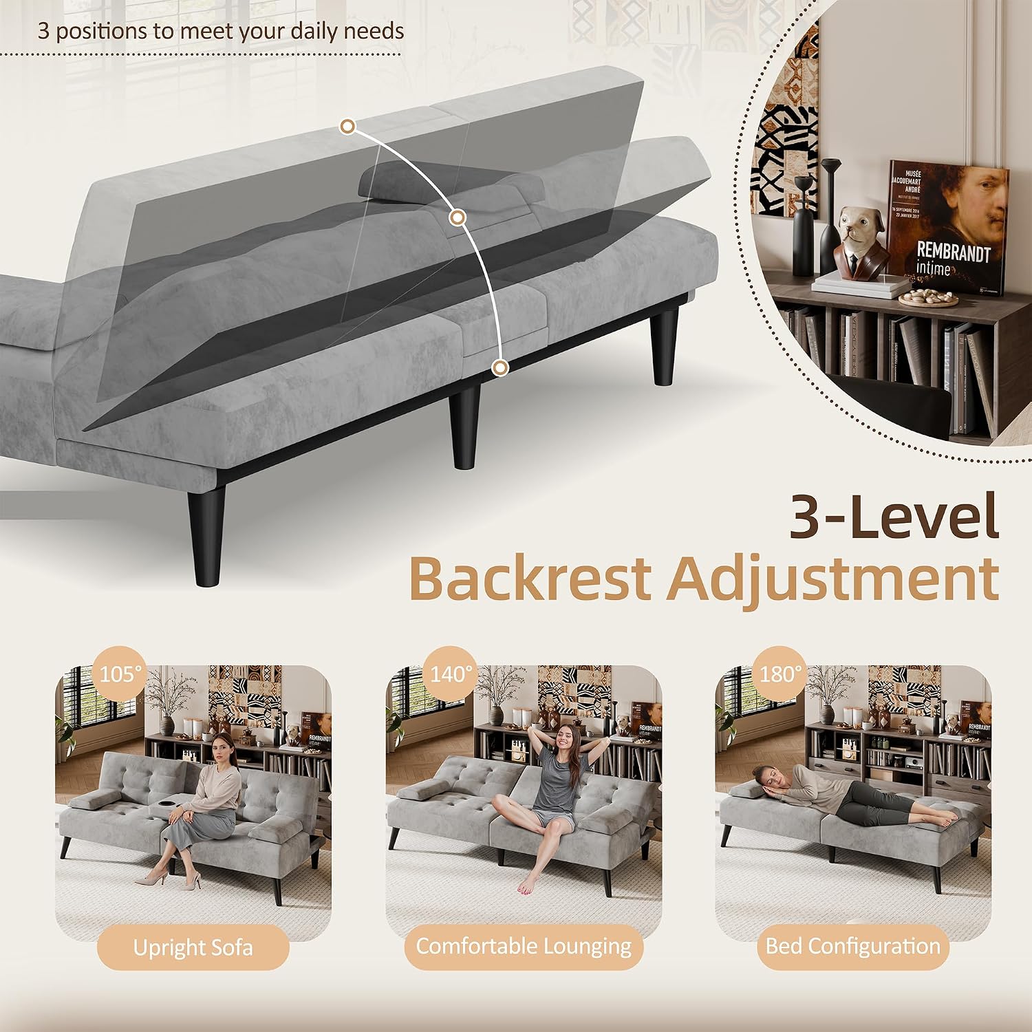 Shintenchi Futon Sofa Bed, Velvet Foldable Couch Reclining Sleeper w/Removable Armrests, Upholstered Loveseat w/Folding Cup Holders for Home, Office, Light Gray