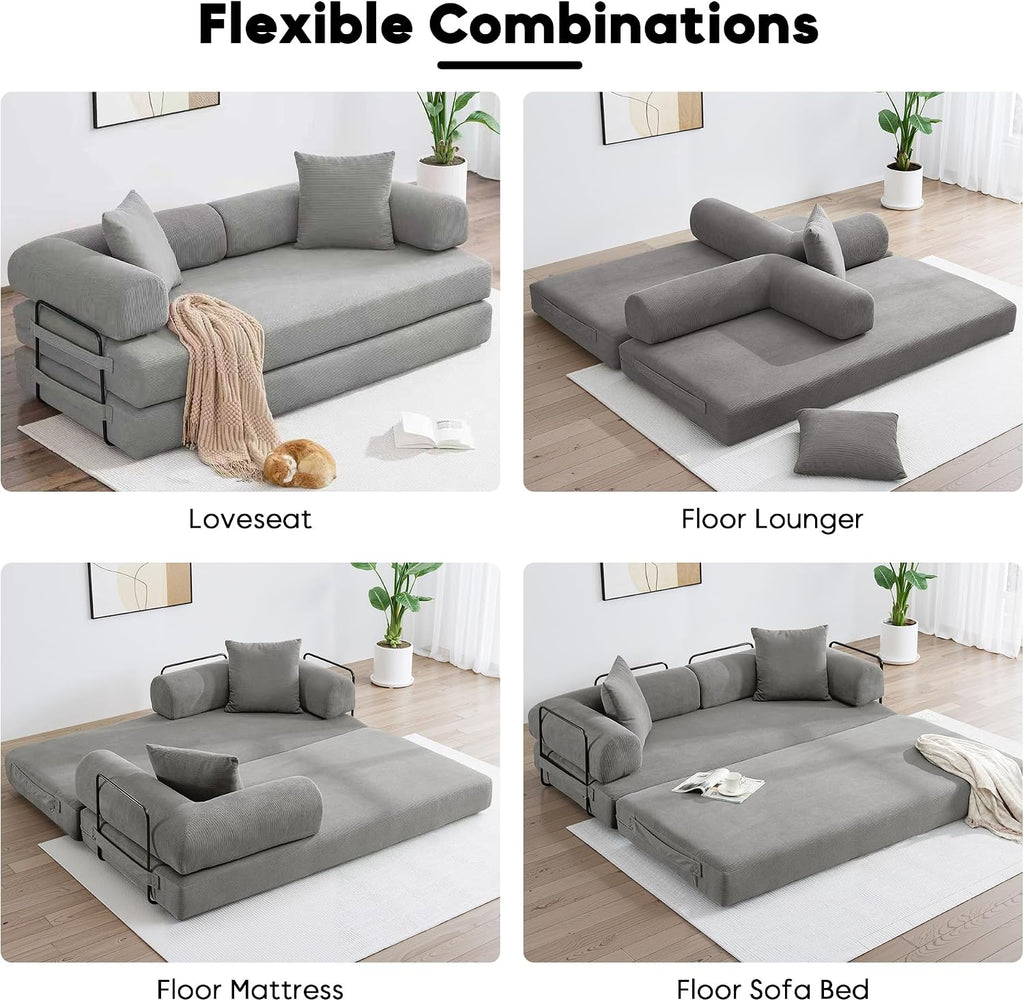 ZEIINPA Convertible Sleeper Sofa Bed with Cylindrical Pillow, Corduroy Folding Mattress Couch with Fixed-Shape Frame, Floor Sofa Lounge Couch for Living Room Bedroom Lounge Studio-Grey