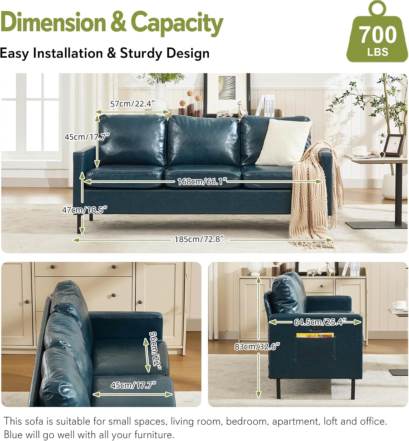 STHOUYN 73' W Faux Leather Couch w/ 2 USB, Leather Sofa w/Side Pockets, Wooden Frame 3 Seat Couch for Livingroom, Office, Apartment (Blue, 3 Seater)