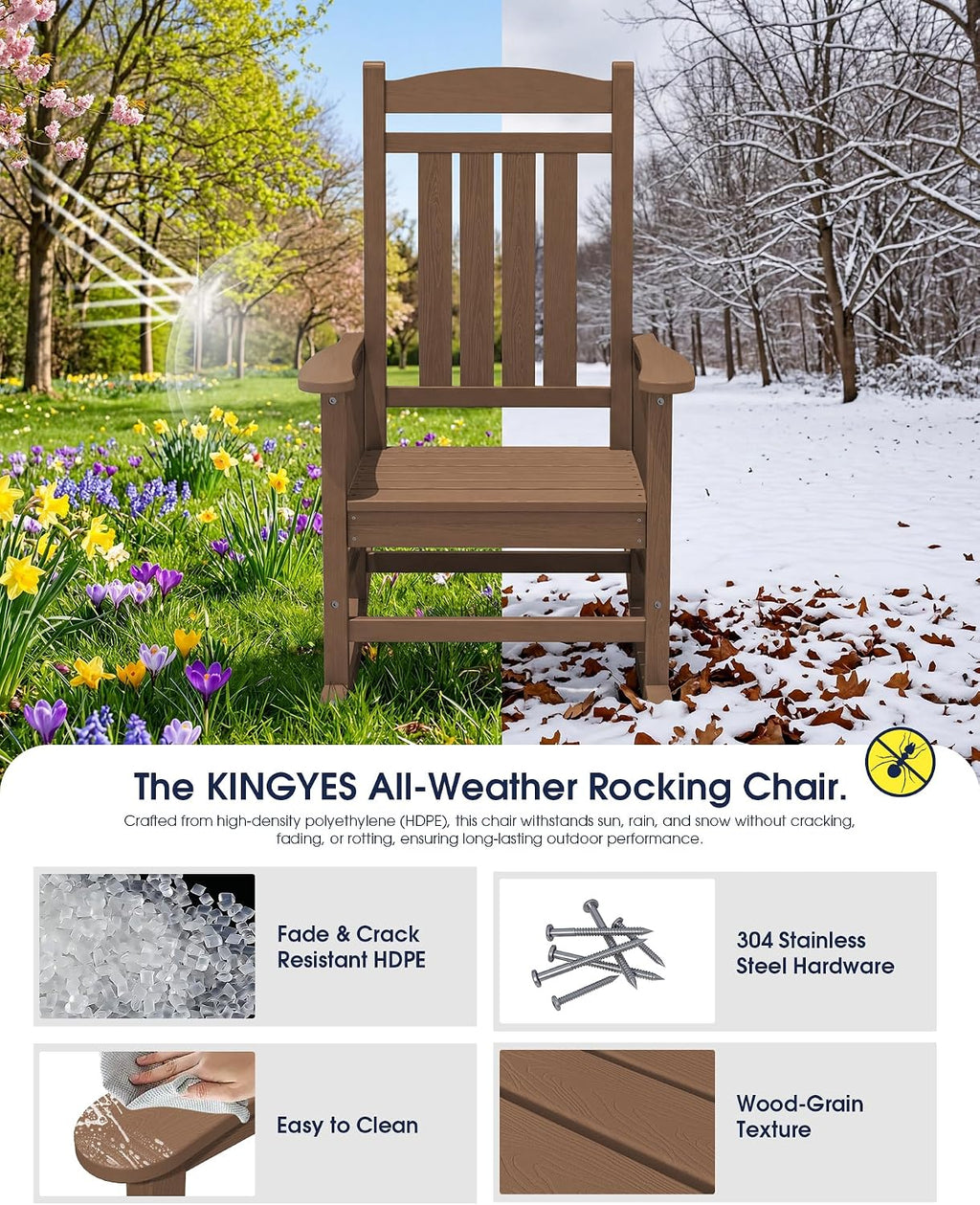KINGYES Oversized HDPE Rocking Chairs Outdoor, Patio Rocking Chairs with 350lbs Support, Smooth Porch Rocker for Deck Lawn Yard, Brown