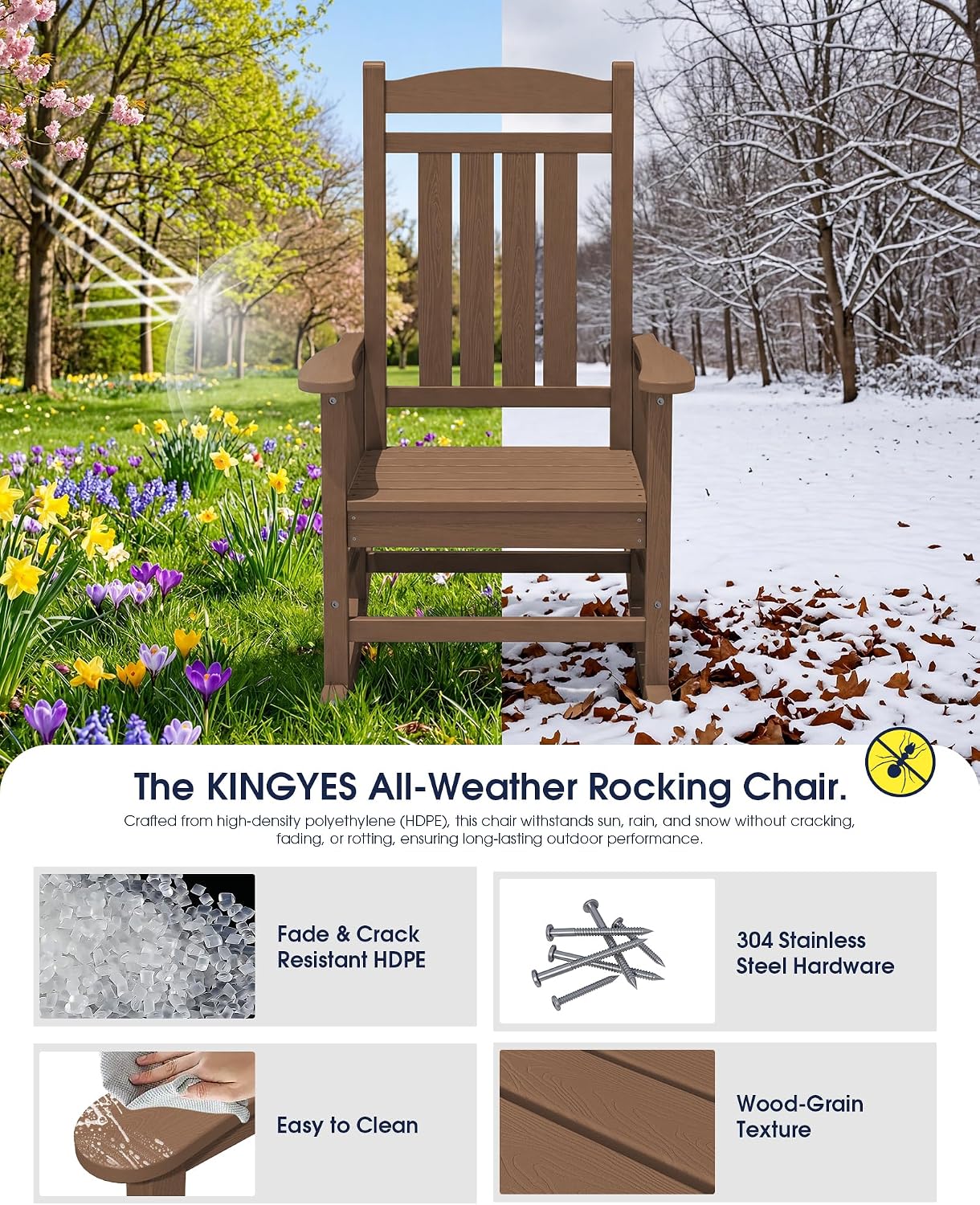 KINGYES Oversized HDPE Rocking Chairs Outdoor, Patio Rocking Chairs with 350lbs Support, Smooth Porch Rocker for Deck Lawn Yard, Brown