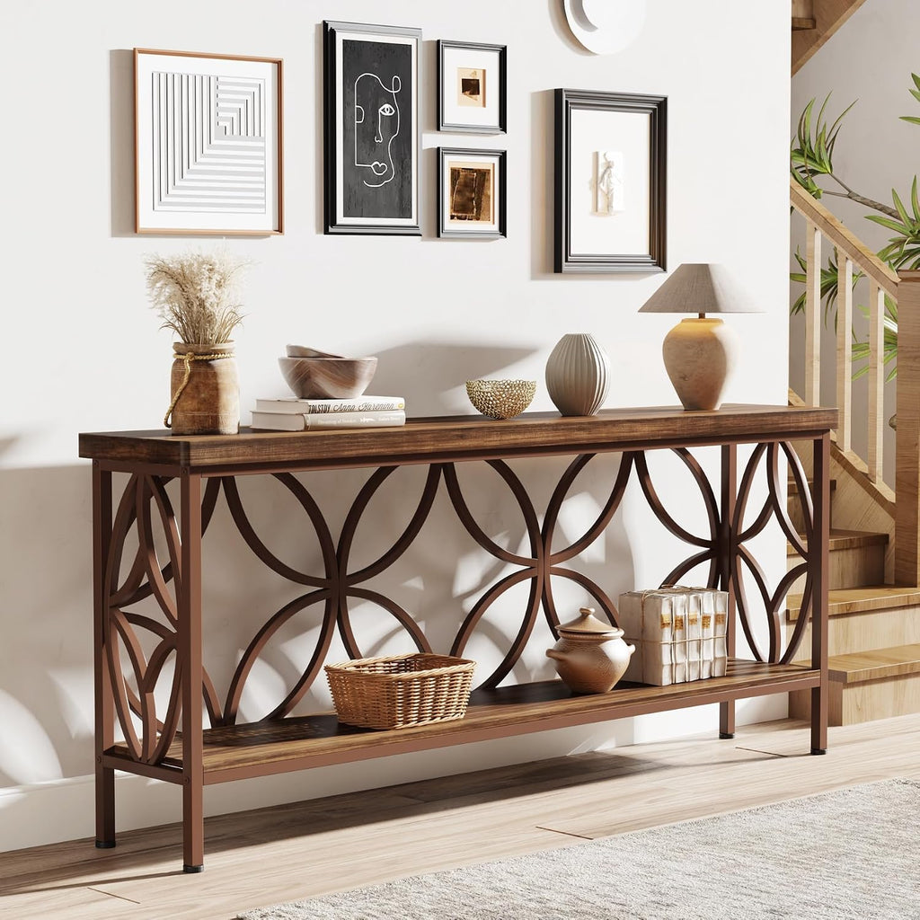 Tribesigns 70.9-Inch Narrow Sofa Table, Industrial Long Sofa Table Behind Couch, Entry Console Table with Storage for Entryway, Living Room, Foyer, Unique Design, Brown Glossy
