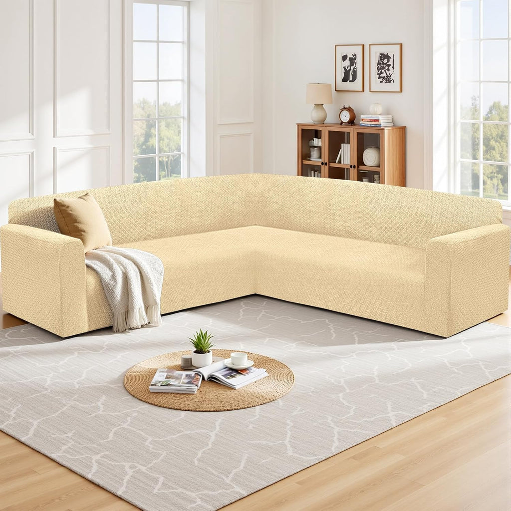 HDCAXKJ Sectional Couch Cover L Shape Stretch Sofa Covers Washable Jacquard Corner Couch Slipcover Non Slip Sectional Slip Cover U Shaped Furniture Protector for Pets Dogs (Beige, X-Large)