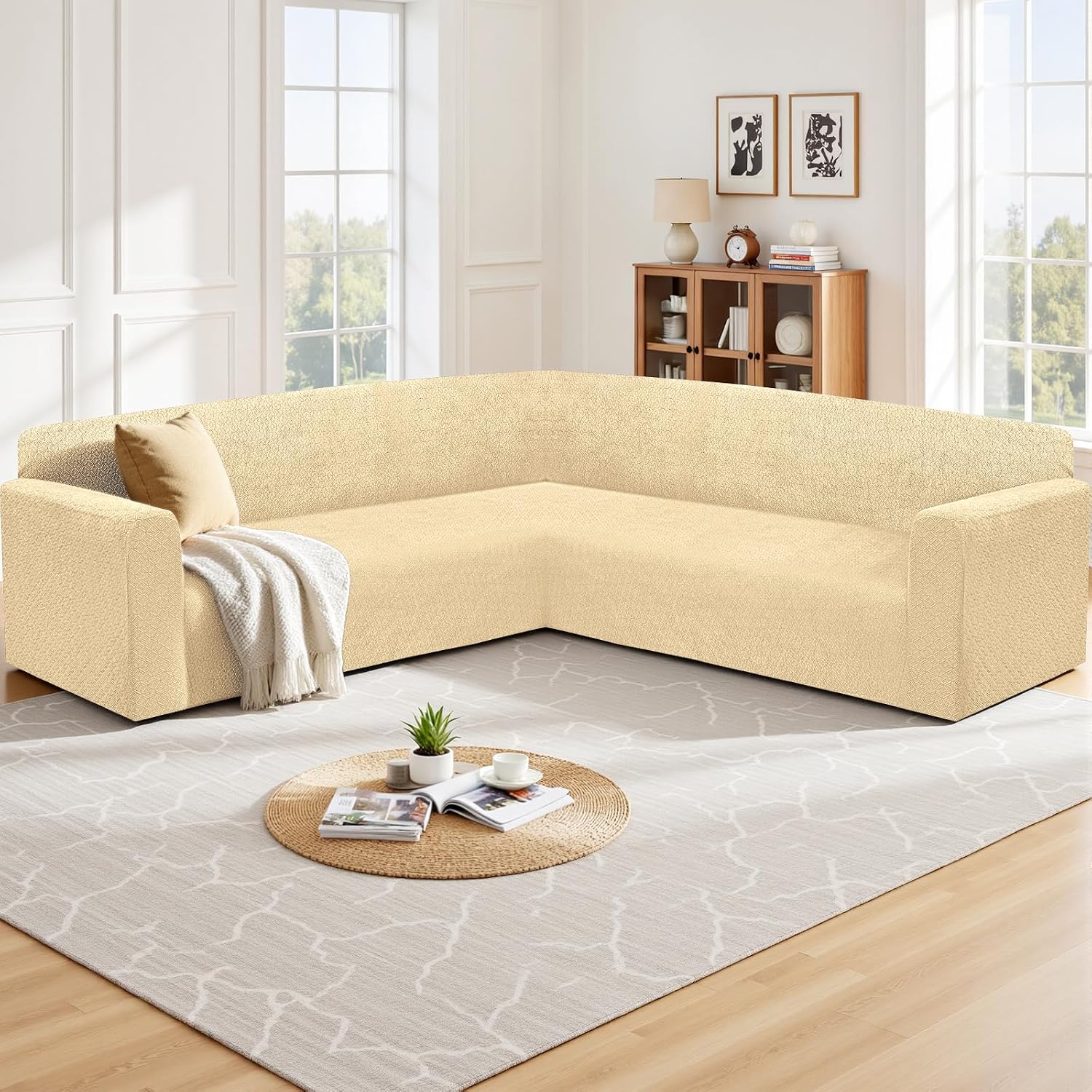 HDCAXKJ Sectional Couch Cover L Shape Stretch Sofa Covers Washable Jacquard Corner Couch Slipcover Non Slip Sectional Slip Cover U Shaped Furniture Protector for Pets Dogs (Beige, X-Large)