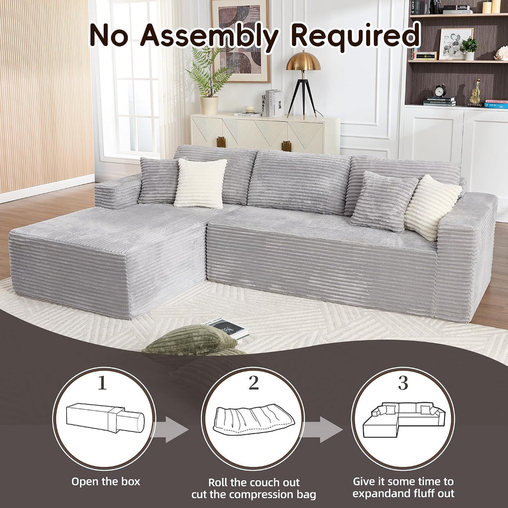Opiesit 108' Boneless Couches for Living Room, Modular Sectional Sofa with Oversized Chaise, L-Shape Cloud Couch with Deep Seat, High-Density Memory Foam, No Assembly Required, Plush Corduroy Grey