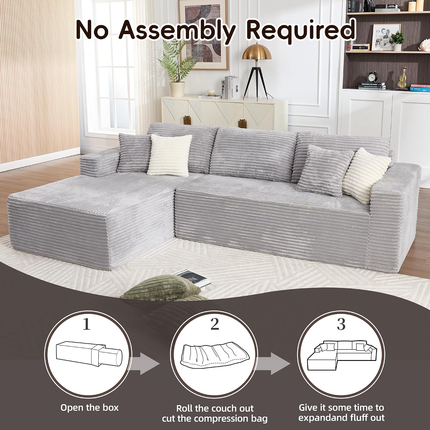 Opiesit 108' Boneless Couches for Living Room, Modular Sectional Sofa with Oversized Chaise, L-Shape Cloud Couch with Deep Seat, High-Density Memory Foam, No Assembly Required, Plush Corduroy Grey