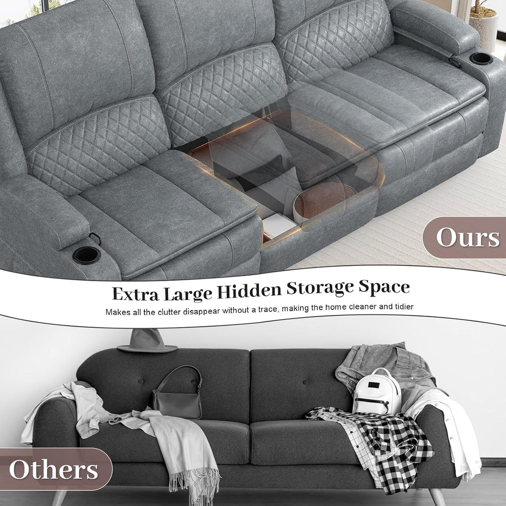 Yolsali 3-Seater Recliner Sofa, Manual Reclining Couch with Multi-Functional Middle Seat, Reclining Sofa for Living Room with Hidden Storage Space, Cup Holders, and Removable Console