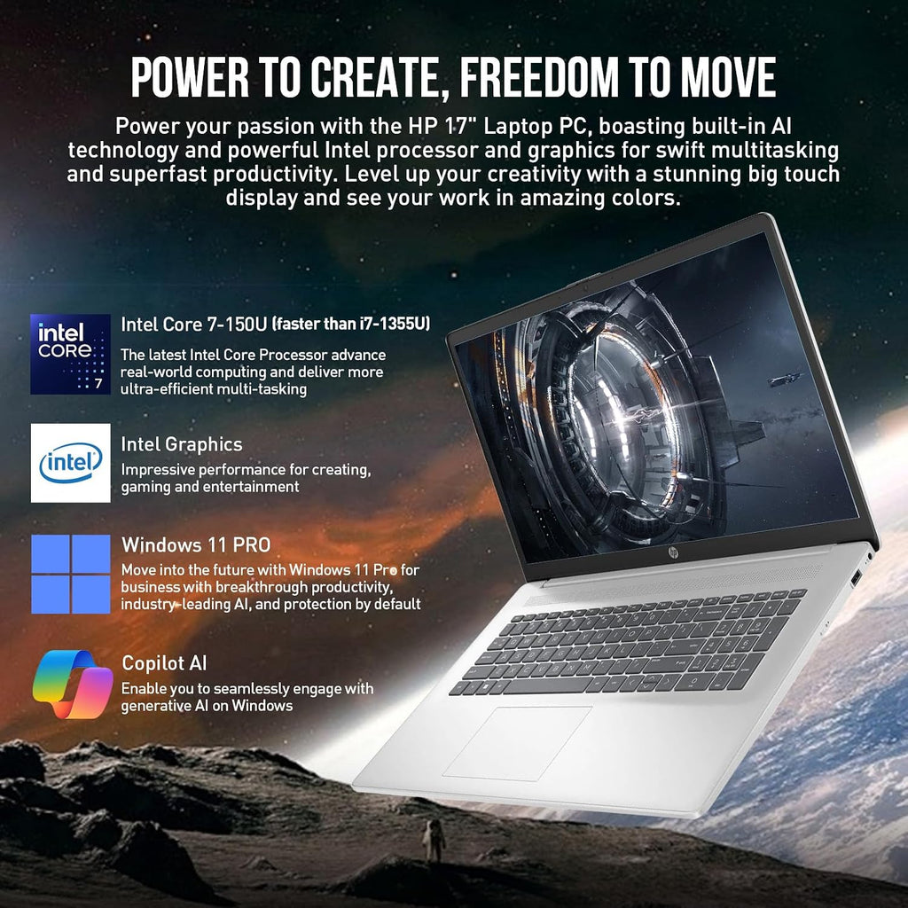 HP 17 Inch Laptop Computer, 17.3' FHD IPS Business Laptop PC Notebook, Intel 10-Core 7 (> i7-1355U), Windows 11 Pro, 64GB RAM 2TB SSD, 10-Key Number Pad, for Business & Home