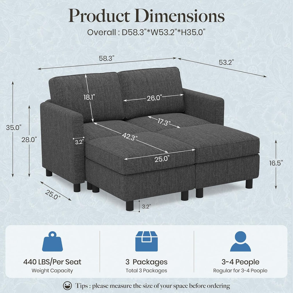 Belffin 58.3' Modular Sectional Sofa 4 Seats Sleeper Sofa Washable Sectional Couches for Living Room Comfy Couches with Storage Seat Couch Sofas with Chaise,Dark Grey