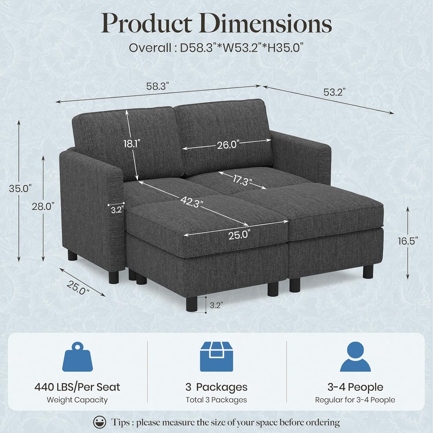 Belffin 58.3' Modular Sectional Sofa 4 Seats Sleeper Sofa Washable Sectional Couches for Living Room Comfy Couches with Storage Seat Couch Sofas with Chaise,Dark Grey