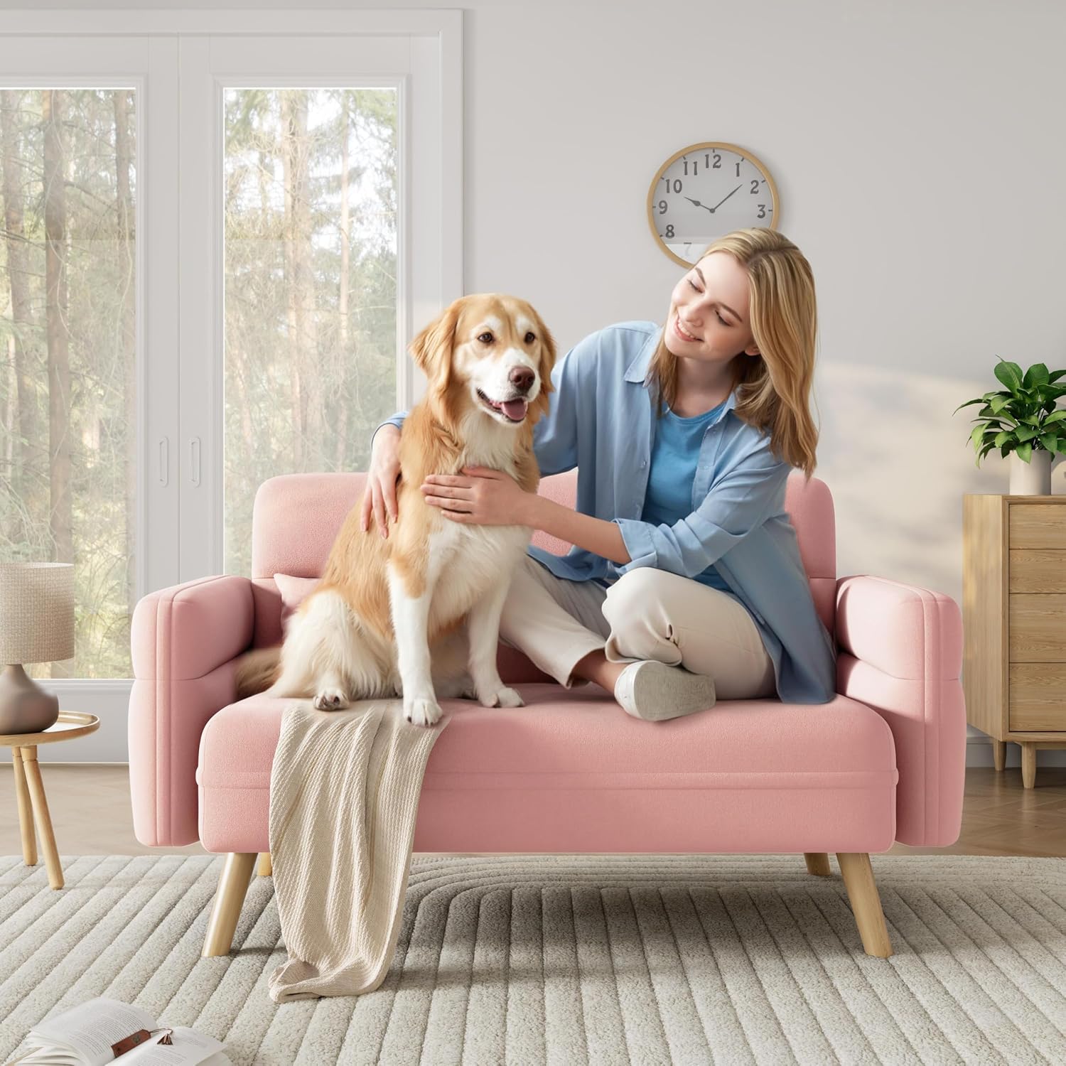 Yaheetech 46' Small Modern Fabric Sofa Loveseat Mid Century 2 Seater Sofa Couch with Lumbar Pillows, Solid Wood Legs for Living Room, Small Space, Dorm, Office, Bedroom, Pink