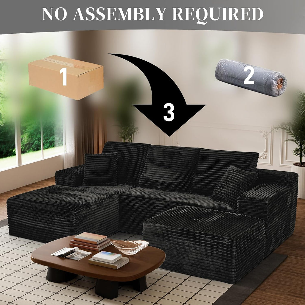 108' Boneless Couches for Living Room, U Shaped Comfy Cloud Modular Sectional Memory Foam Deep Seat Boneless Couch, No Assembly Required Sofa for Living Room with Left Facing Chaise & Ottoman, Black
