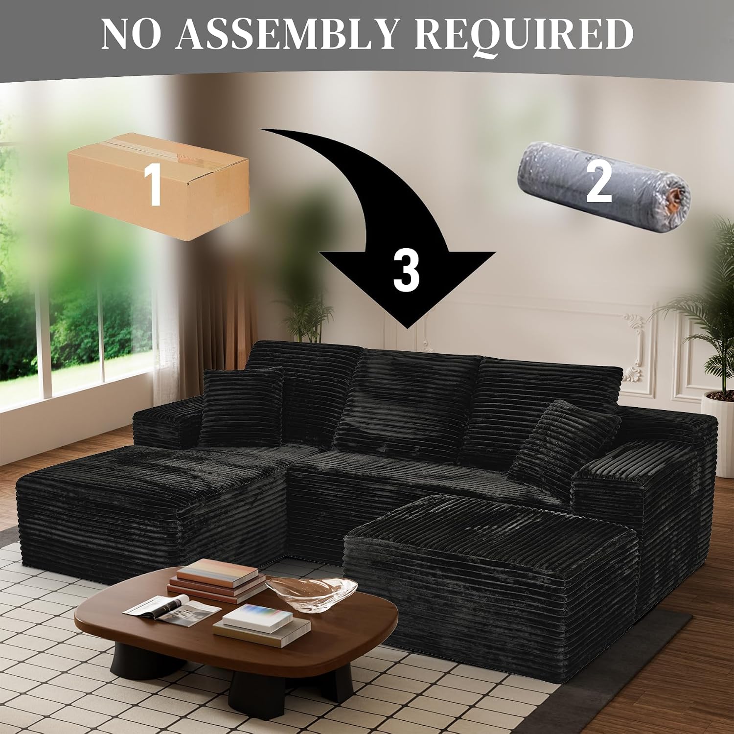 108' Boneless Couches for Living Room, U Shaped Comfy Cloud Modular Sectional Memory Foam Deep Seat Boneless Couch, No Assembly Required Sofa for Living Room with Left Facing Chaise & Ottoman, Black