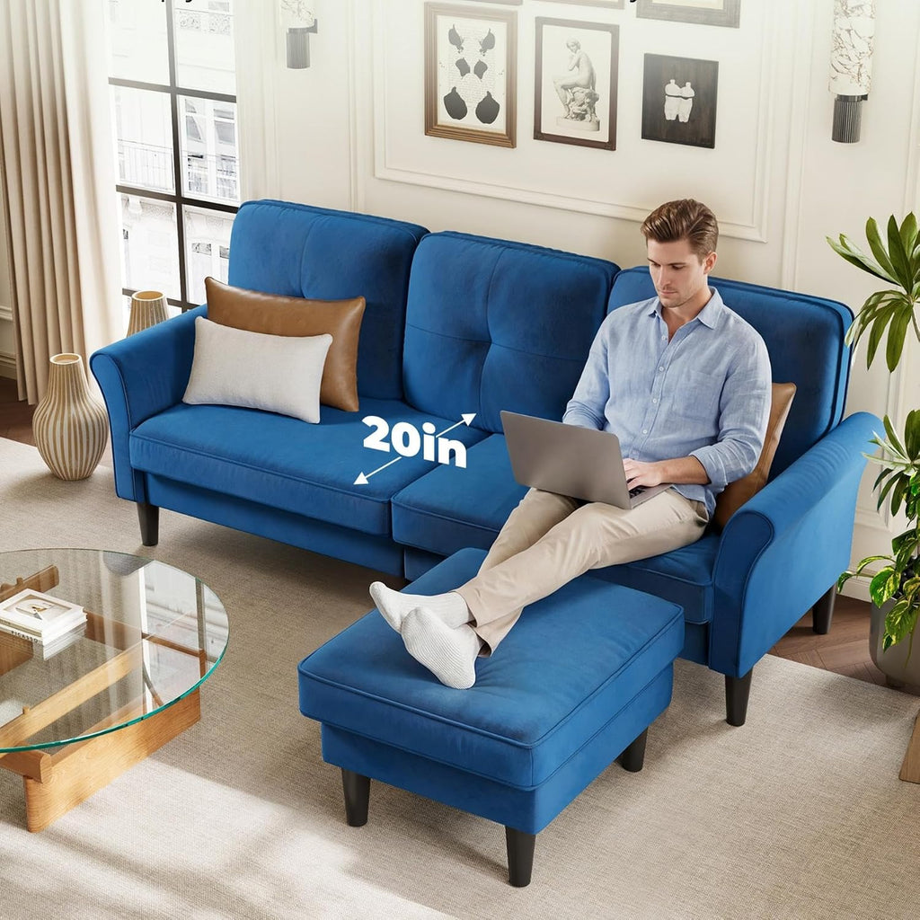 Welzona Sectional Couches for Living Room, 83' Velvet Modern 3 Seater Sofa, L Shaped Couch with Ottoman, Small Sectional Couch Sofas for Living Room, Bedroom, Apartment, Office, Blue Sofa