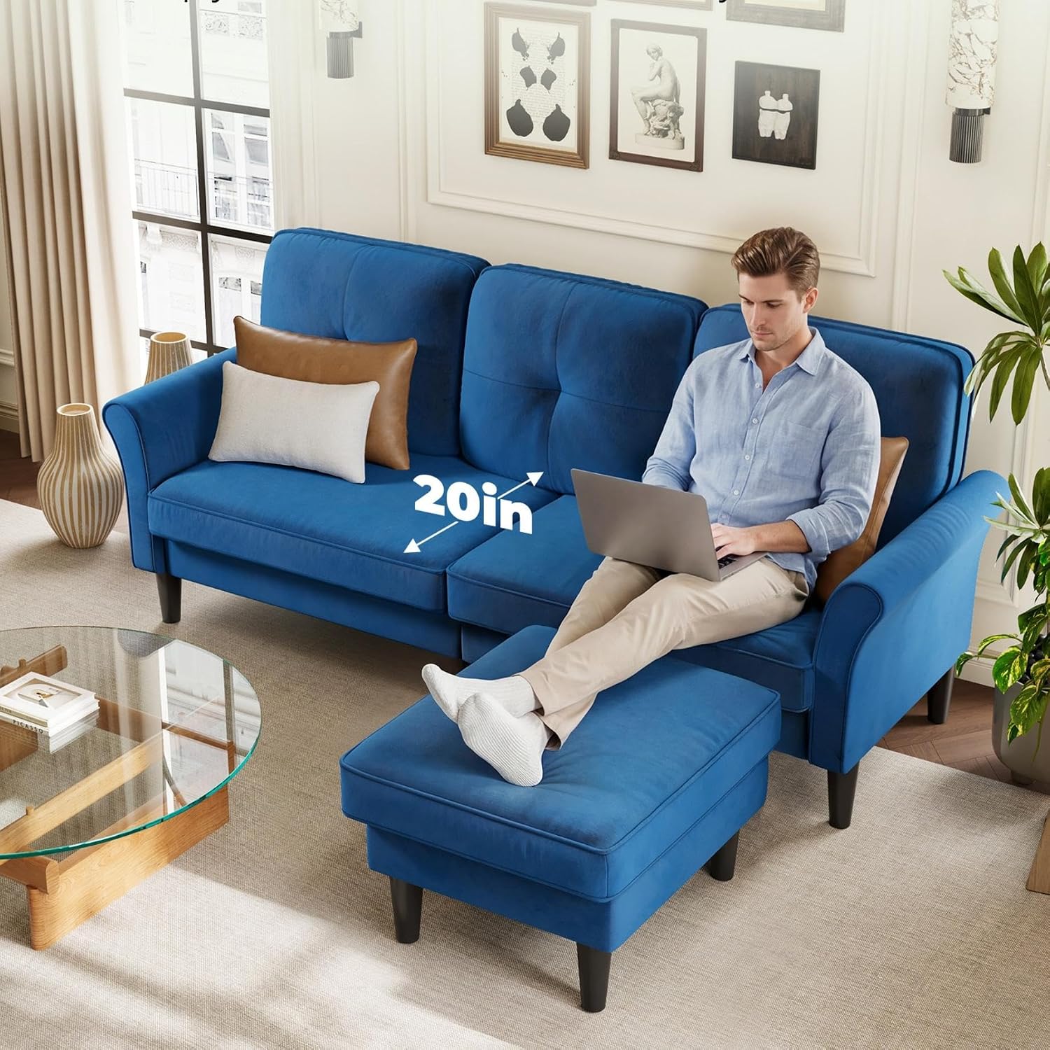 Welzona Sectional Couches for Living Room, 83' Velvet Modern 3 Seater Sofa, L Shaped Couch with Ottoman, Small Sectional Couch Sofas for Living Room, Bedroom, Apartment, Office, Blue Sofa