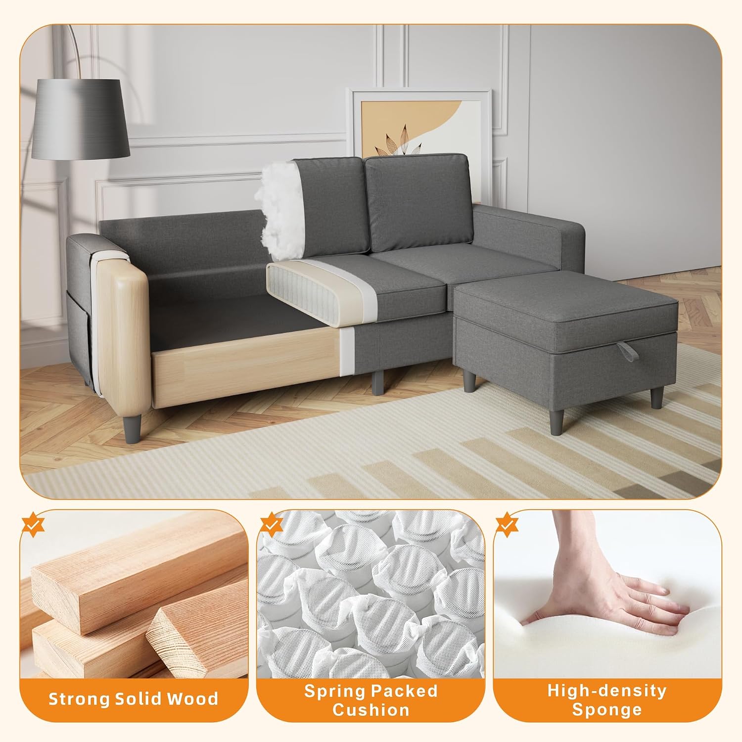 Sectional Sofa Couches for Living Room, 78'' Dark Grey 3 Seater L-Shaped Couch with Storage Ottoman, Comfy Fabric Convertible Sectionals Sofas with Chaise for Apartment, Office, Small Space