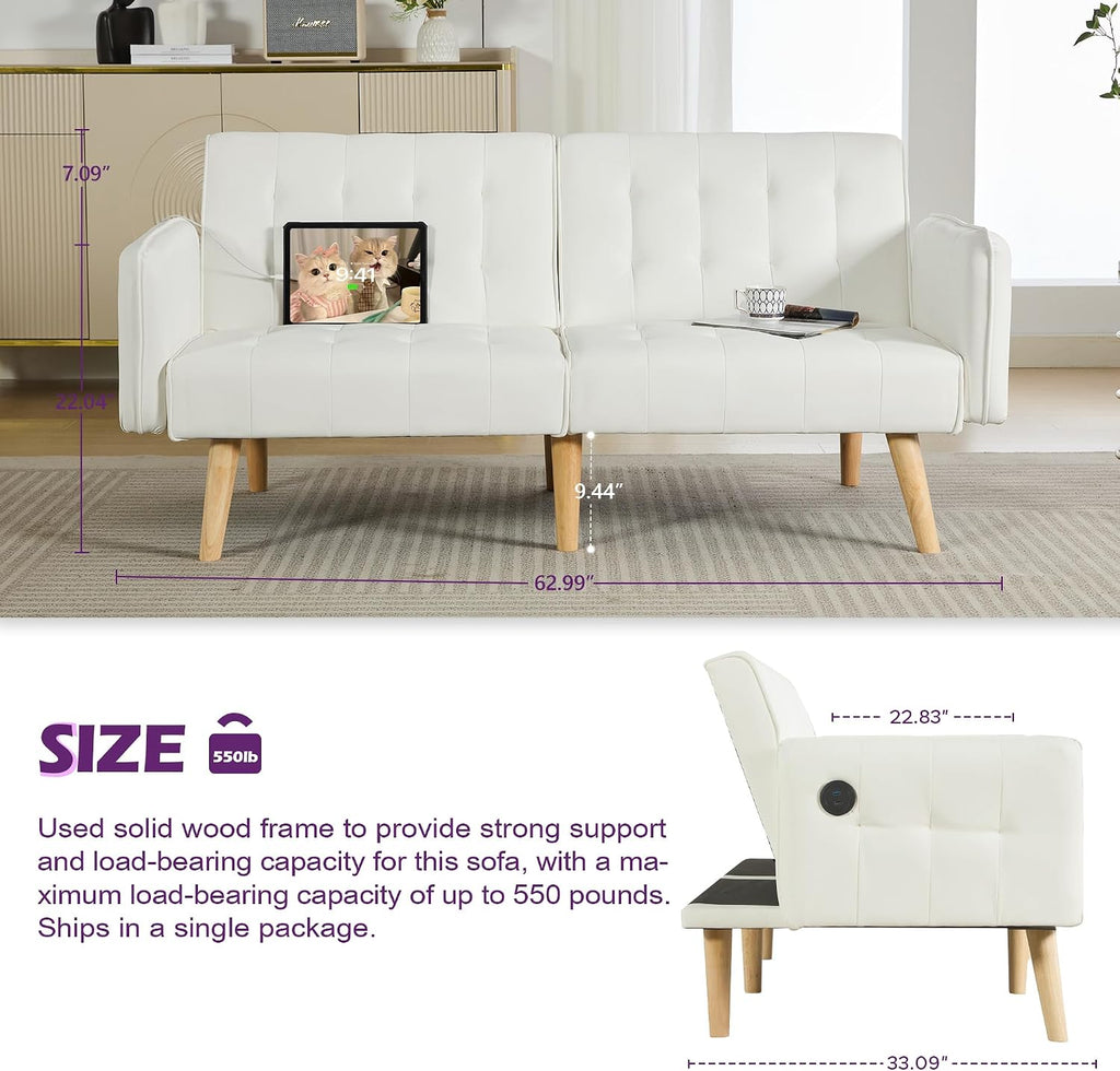 TYBOATLE Modern White Faux Leather Upholstered Convertible USB Folding Futon Sofa Bed, 65' Couch, Love Seats Furniture for Small Space Configuration, Apartment, Dorm, Living Room, Office