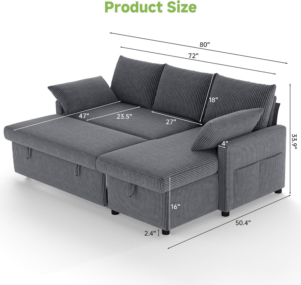 Real Relax 80'' Sofa Bed, L Shaped Corduroy Sleeper Sofa Couch with Pull Out Bed and Chaise Storage for Living Room, Apartment and Office, Dark Gray