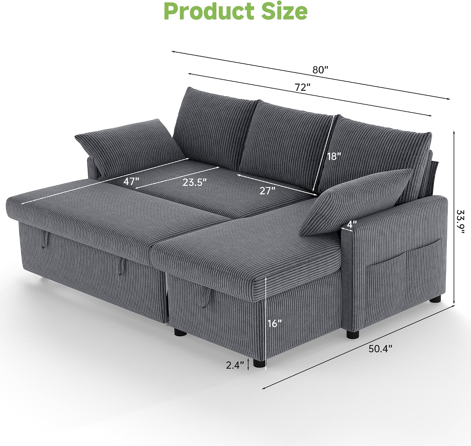 Real Relax 80'' Sofa Bed, L Shaped Corduroy Sleeper Sofa Couch with Pull Out Bed and Chaise Storage for Living Room, Apartment and Office, Dark Gray